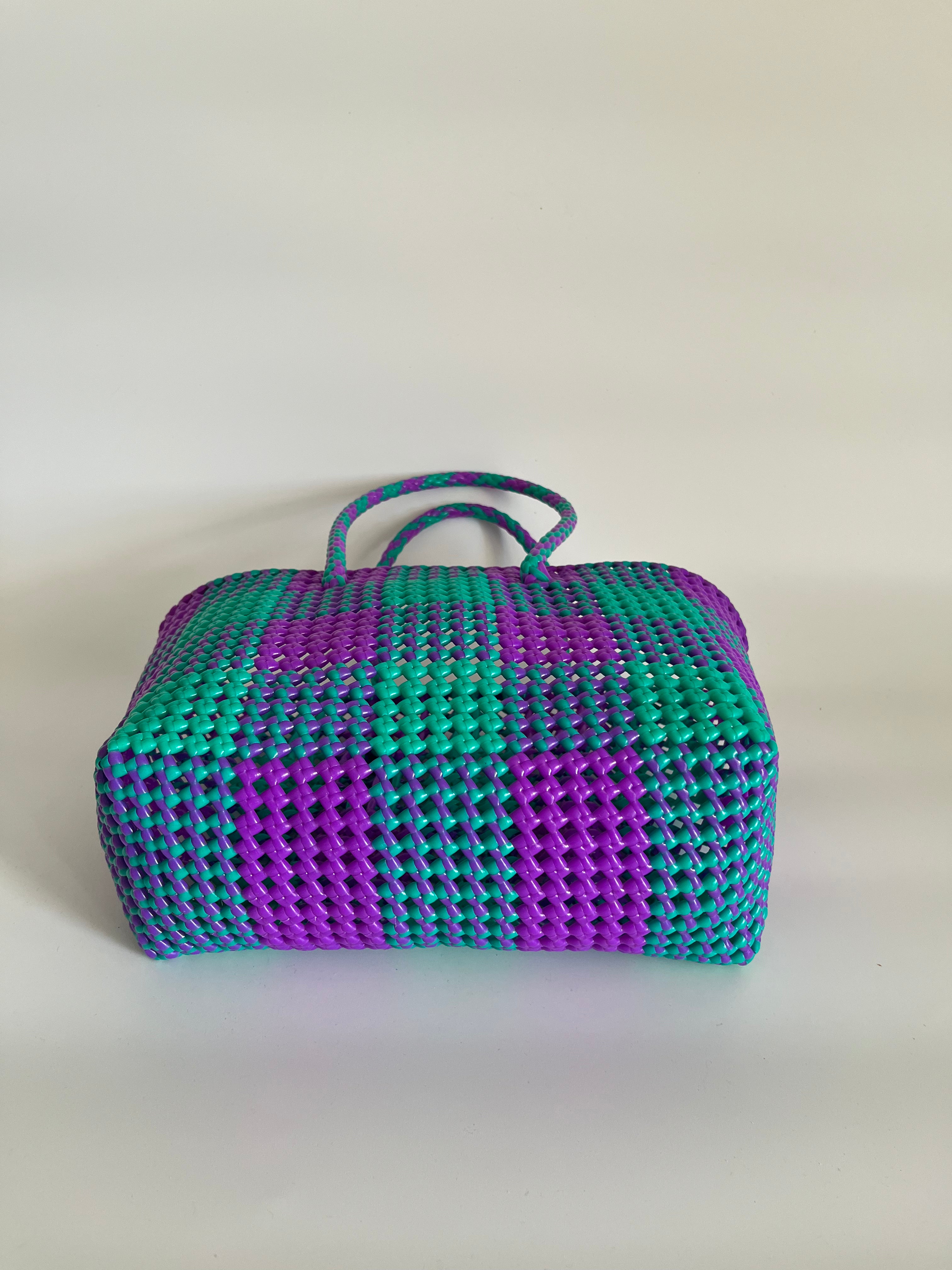 N°3M - SAC PANIER TRESSÉ MAIN - MOYEN - turquoise & violet