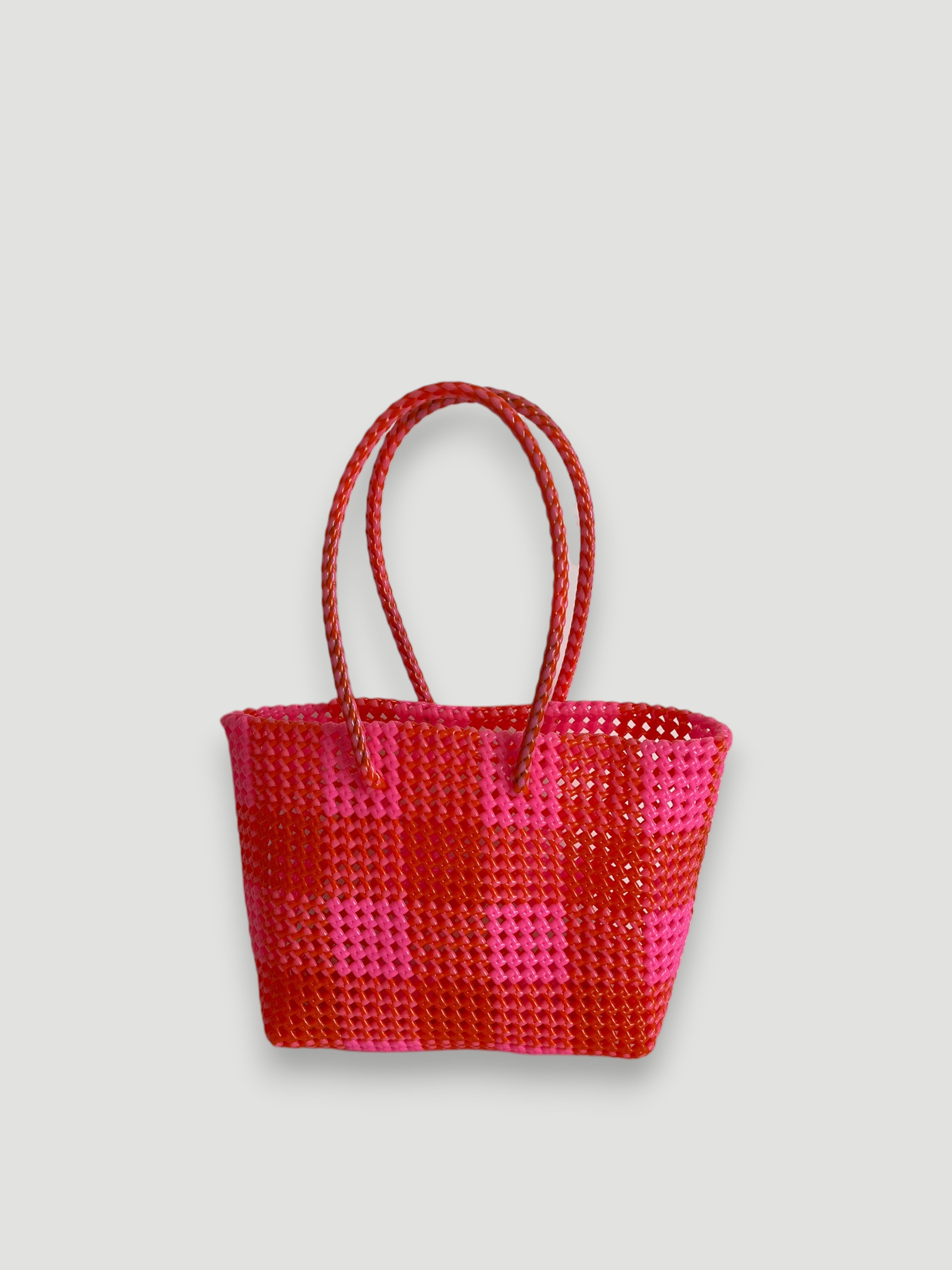 N°12M - SAC PANIER TRESSÉ MAIN - MOYEN - rose clair & rouge