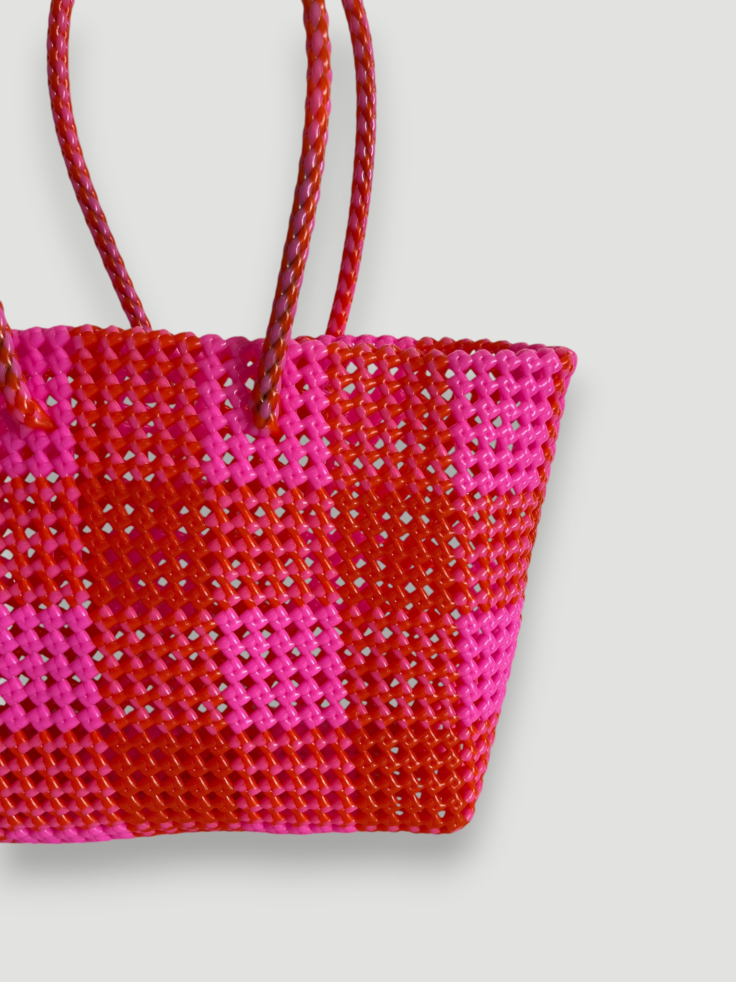 N°12M - SAC PANIER TRESSÉ MAIN - MOYEN - rose clair & rouge