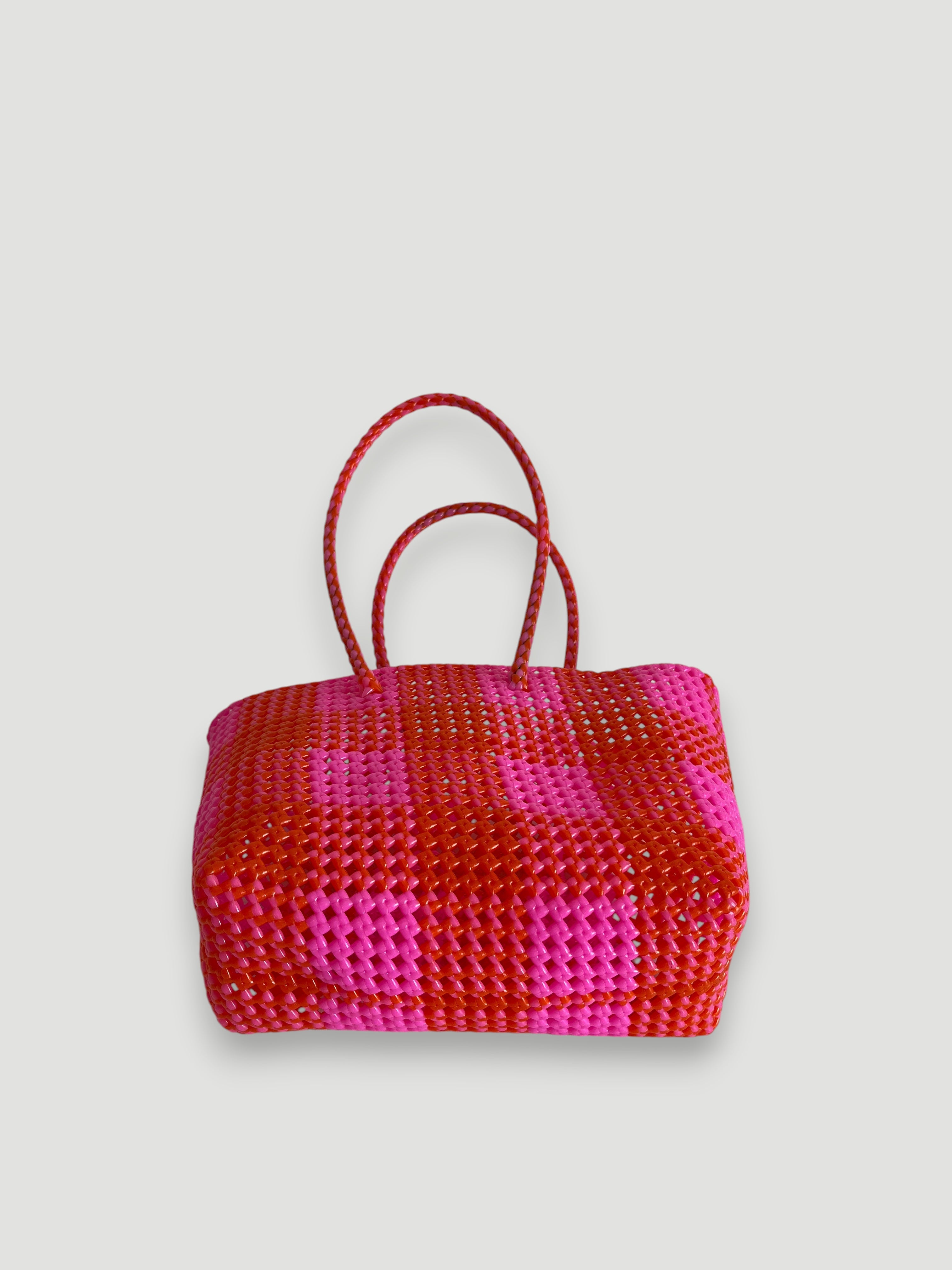 N°12M - SAC PANIER TRESSÉ MAIN - MOYEN - rose clair & rouge