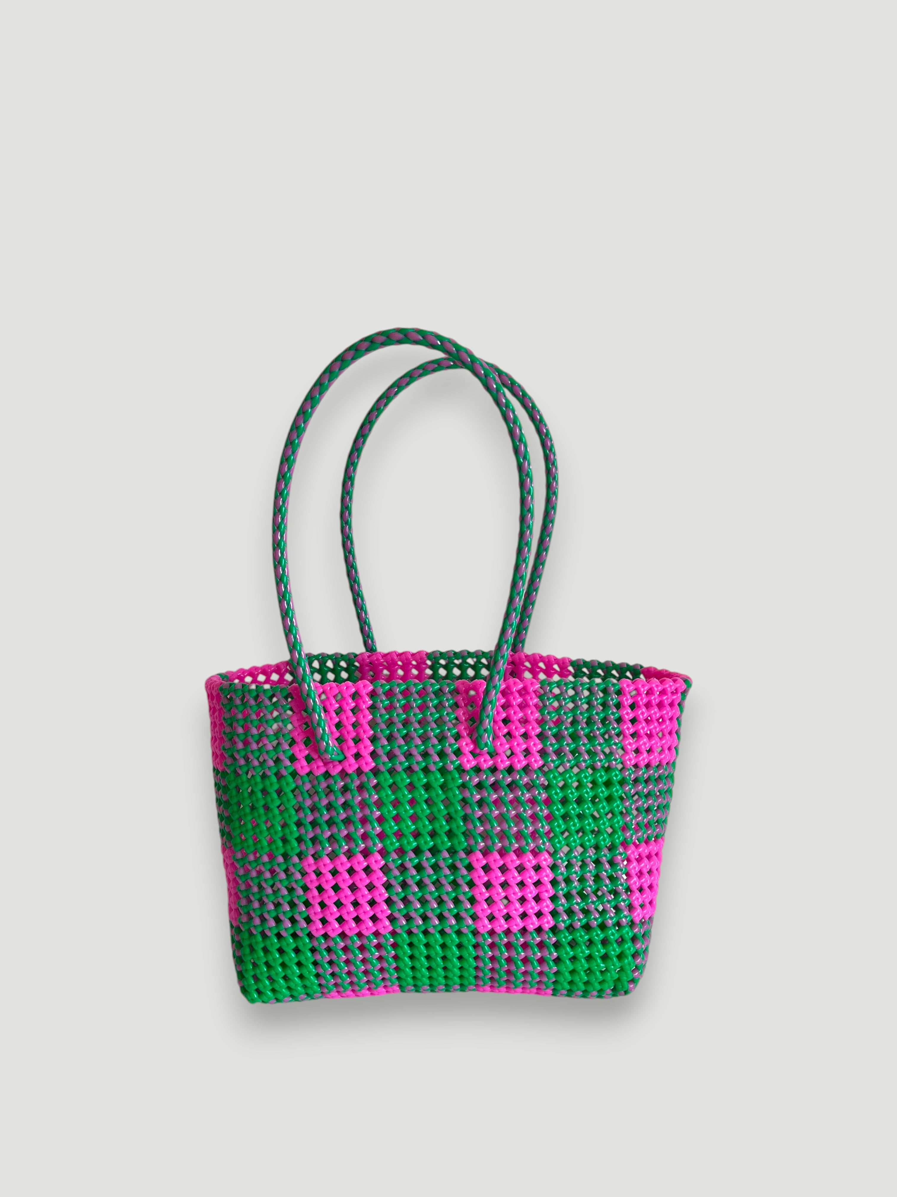 N°19M - SAC PANIER TRESSÉ MAIN - MOYEN - rose clair & vert