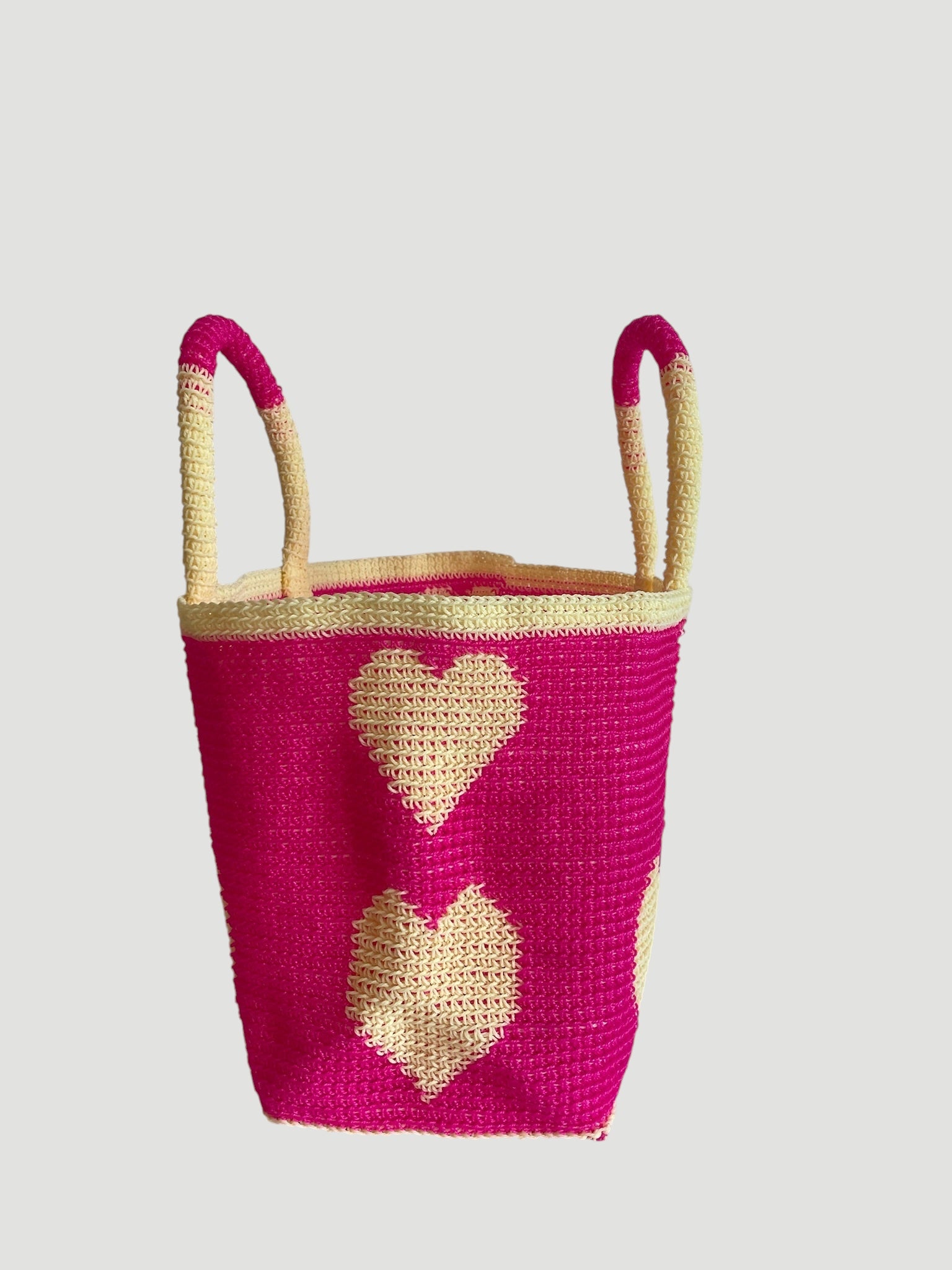 N°27SC - SAC PANIER CROCHET COEUR L - GRAND - rose fluo & crème