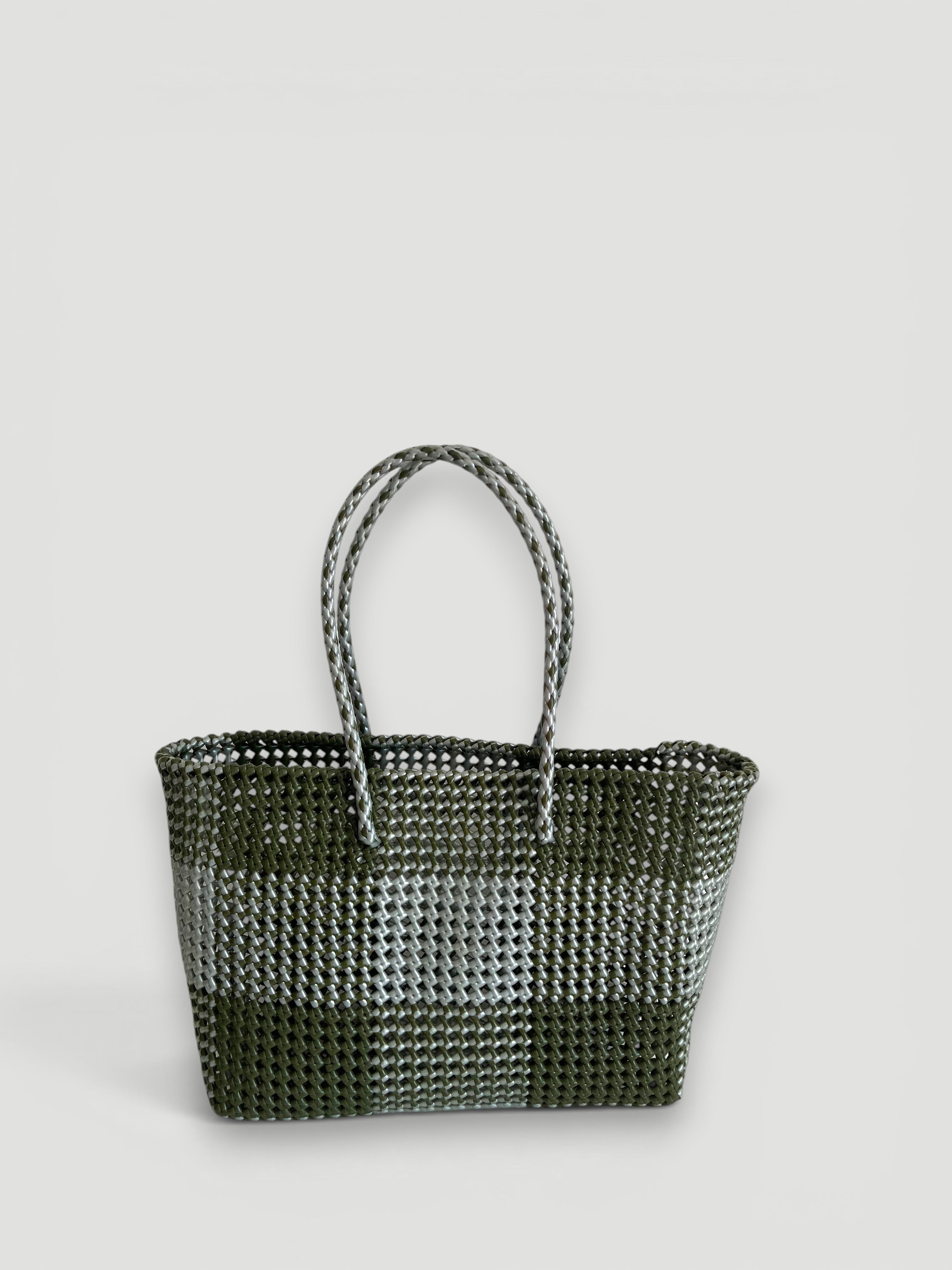 N°208L bis - SAC PANIER TRESSÉ MAIN - GRAND - kaki & argenté