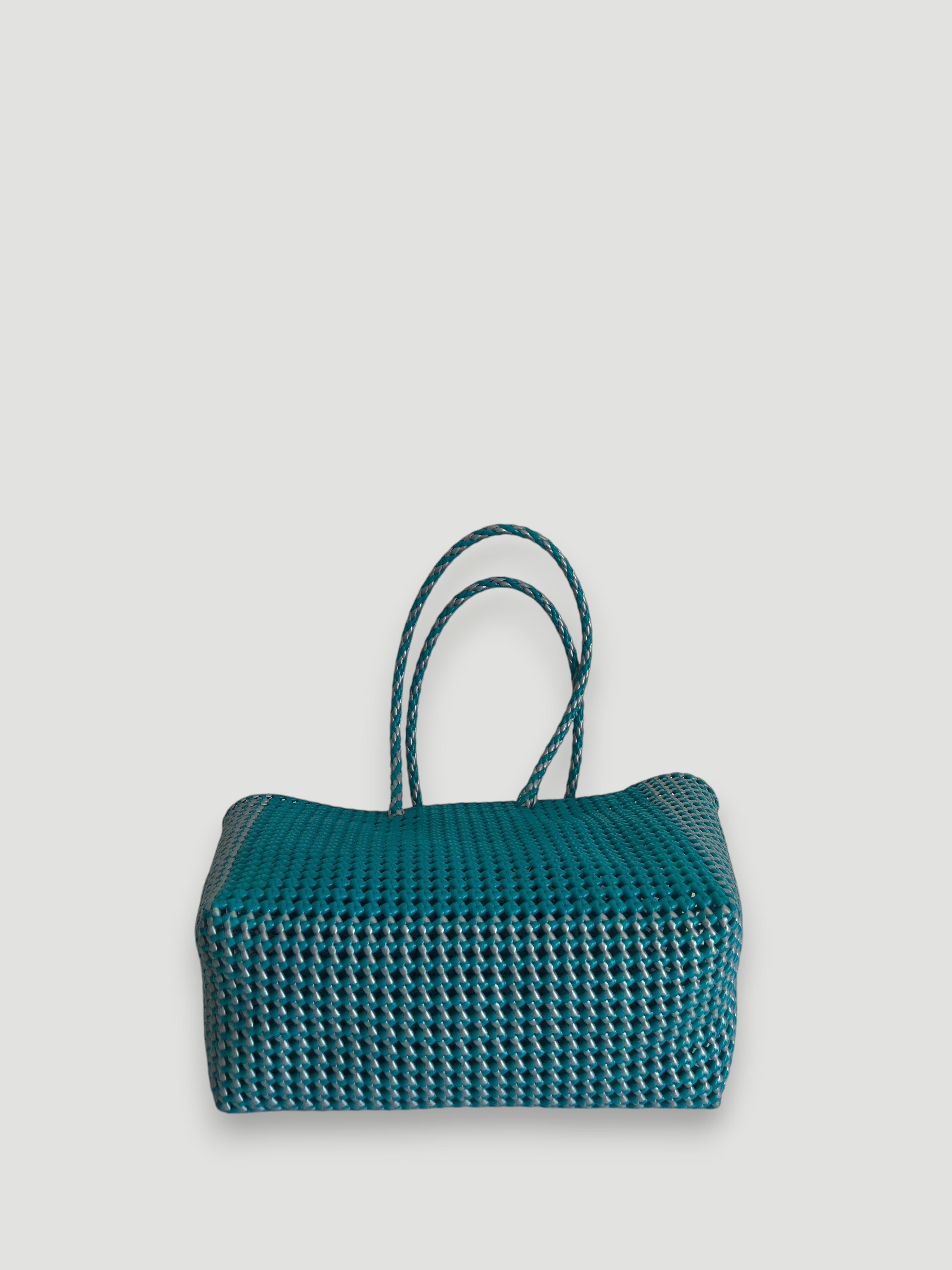No. 497L - Hand-woven basket bag - large - turquoise &amp; silver