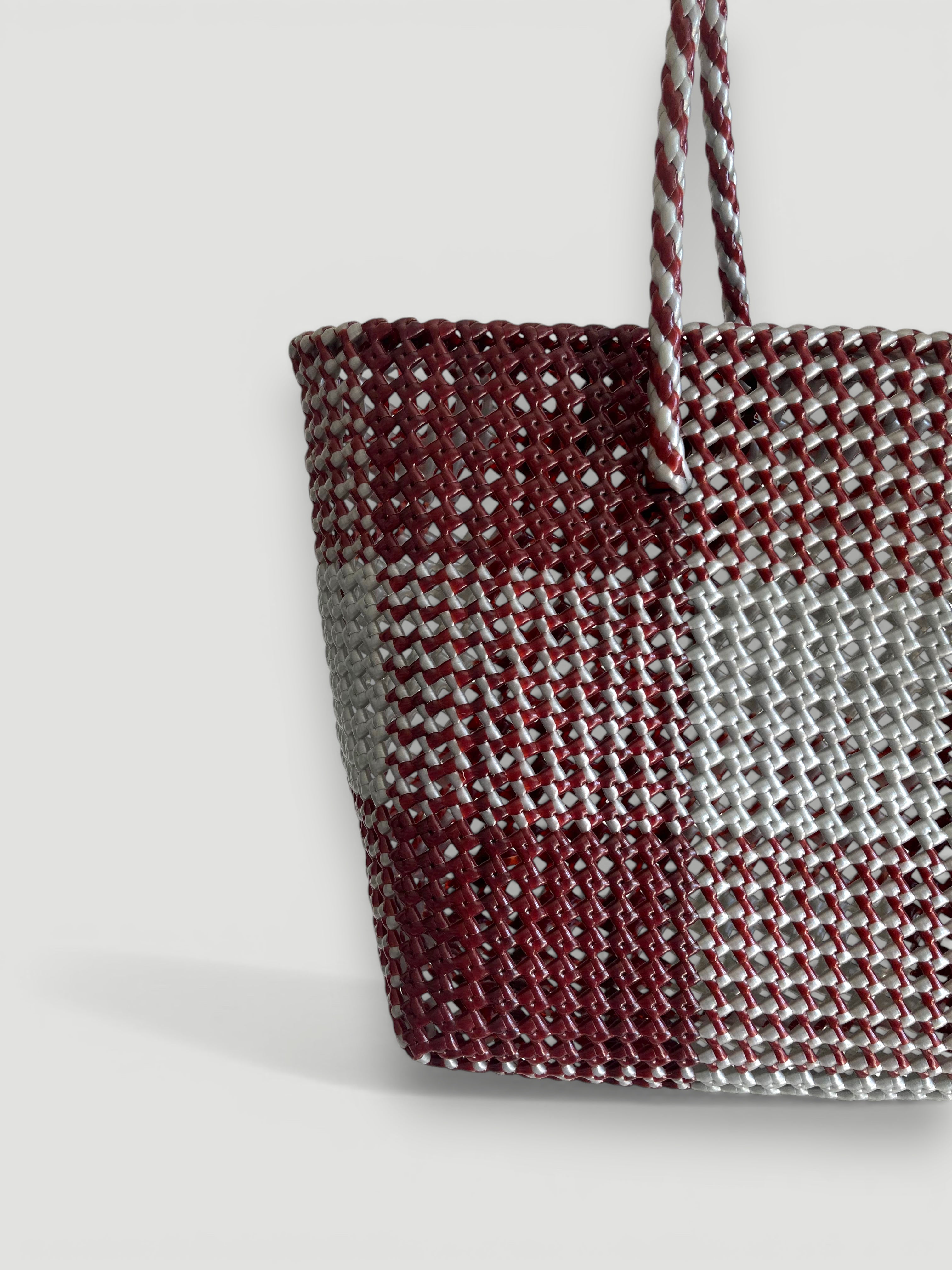 N°498L - SAC PANIER TRESSÉ MAIN - GRAND - bordeaux & argenté