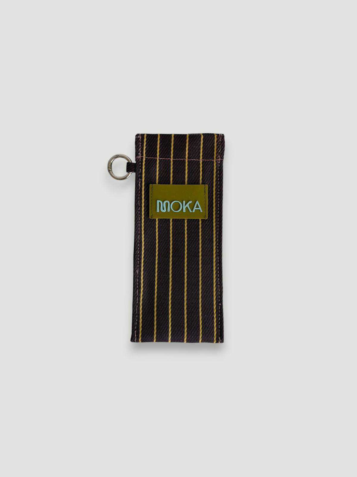 Étui à lunettes MOKA Espresso en tissu recyclé marron à rayures verticales jaunes avec anneau métallique