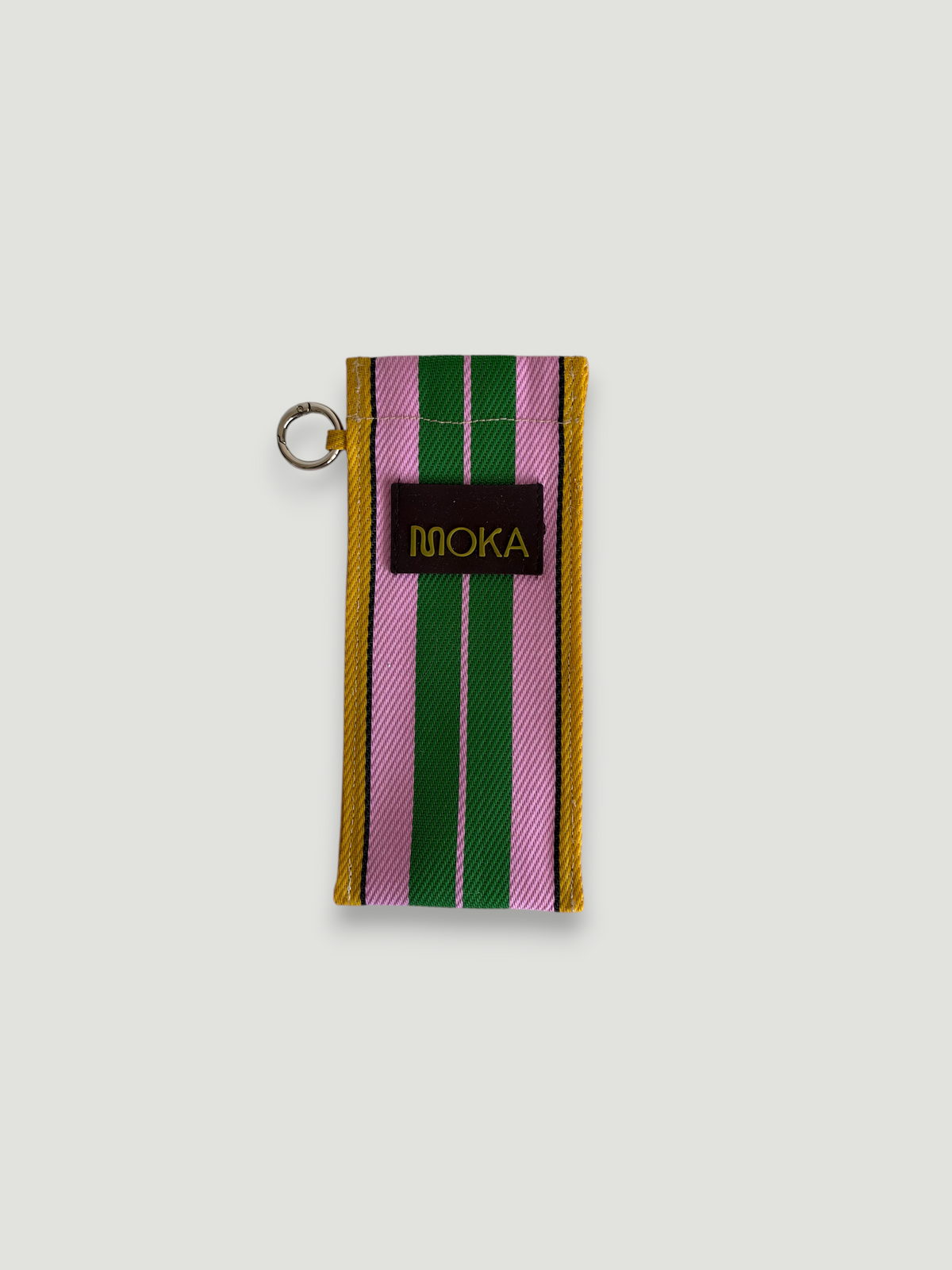 Étui à lunettes MOKA modèle Lollipop en tissu recyclé rayé rose et vert avec anneau métallique