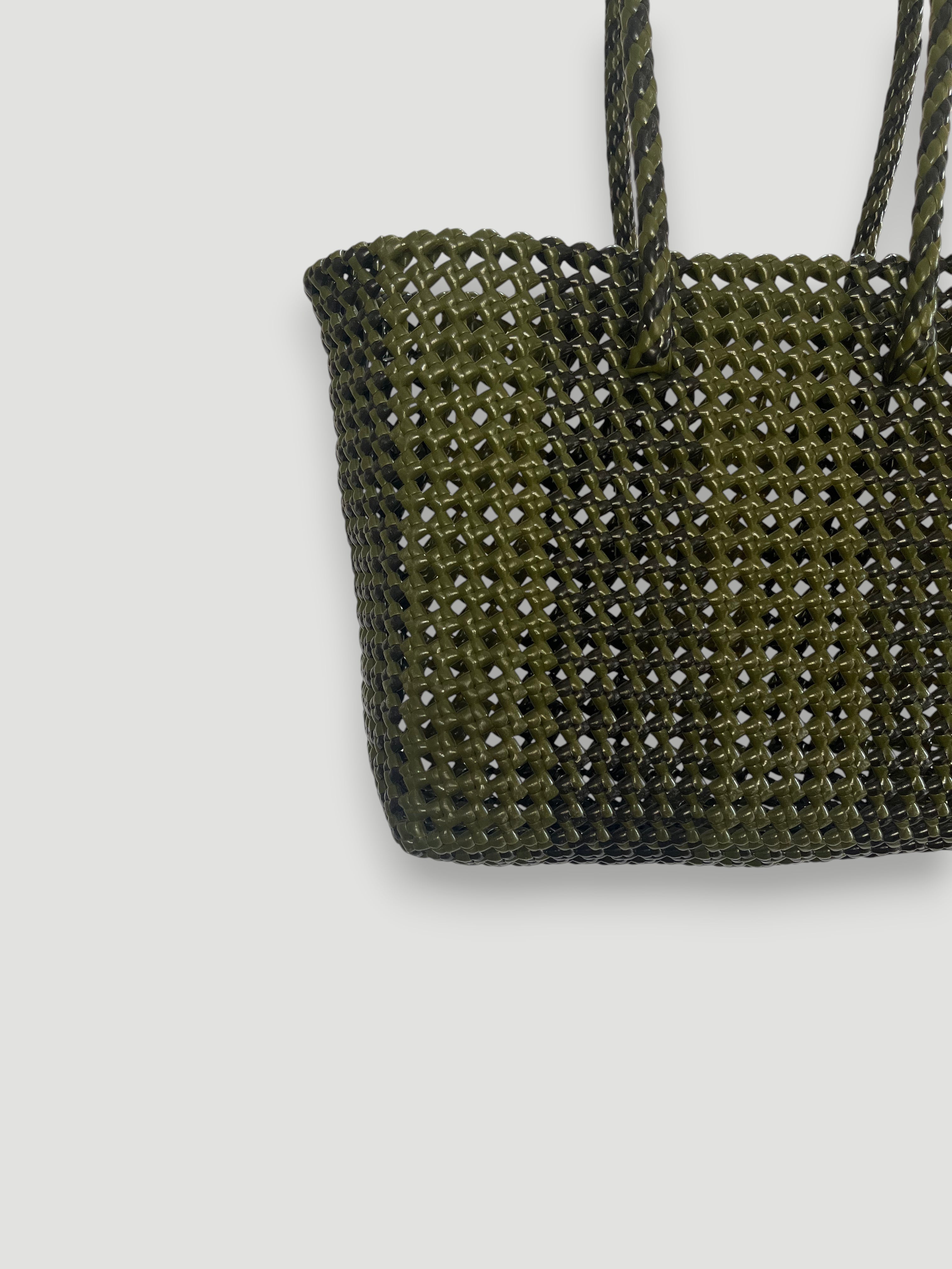 N°259M - SAC PANIER TRESSÉ MAIN - MOYEN - noir & kaki
