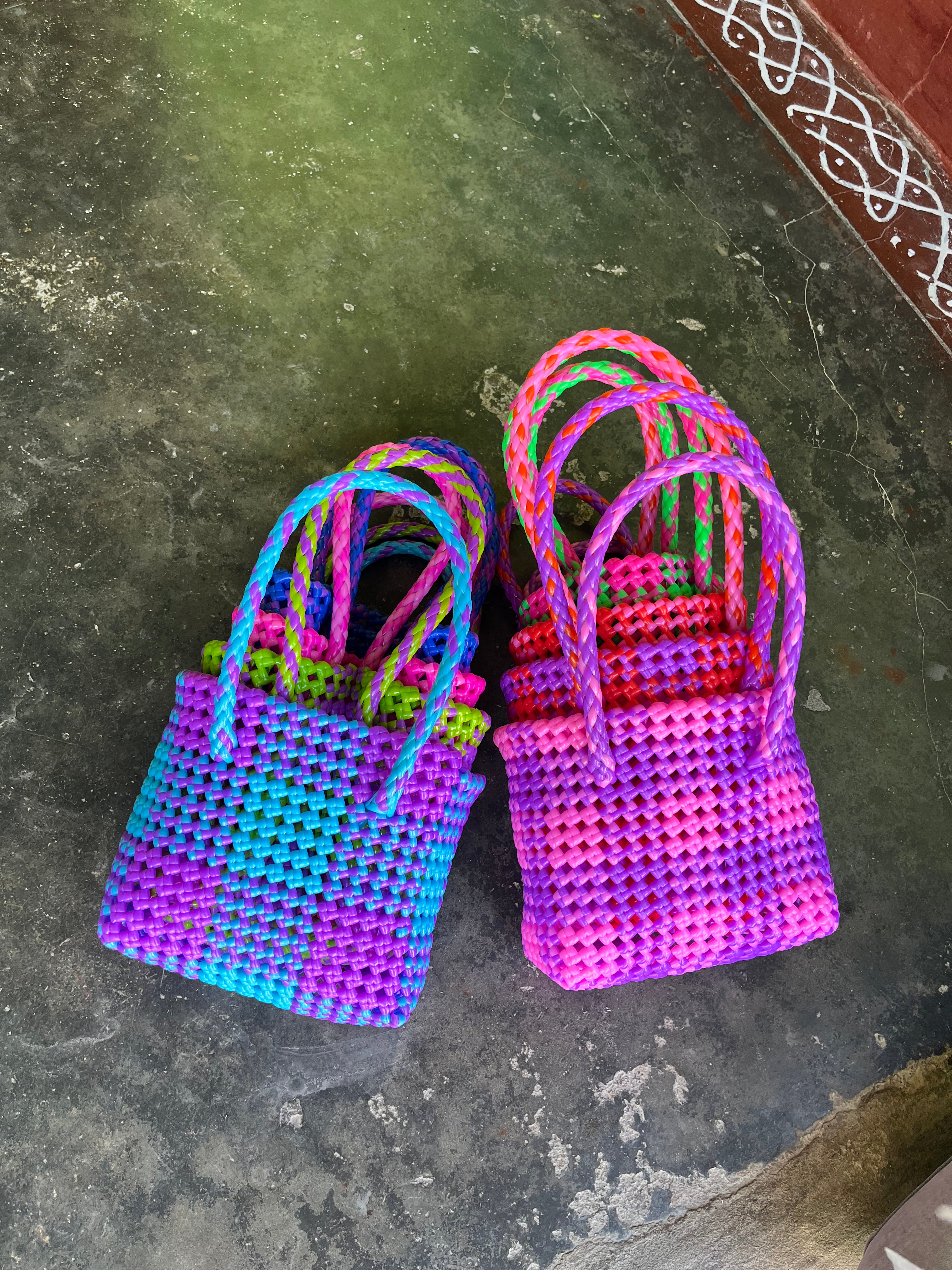 N°4XS - SAC PANIER TRESSÉ MAIN - MINI - violet & bleu clair