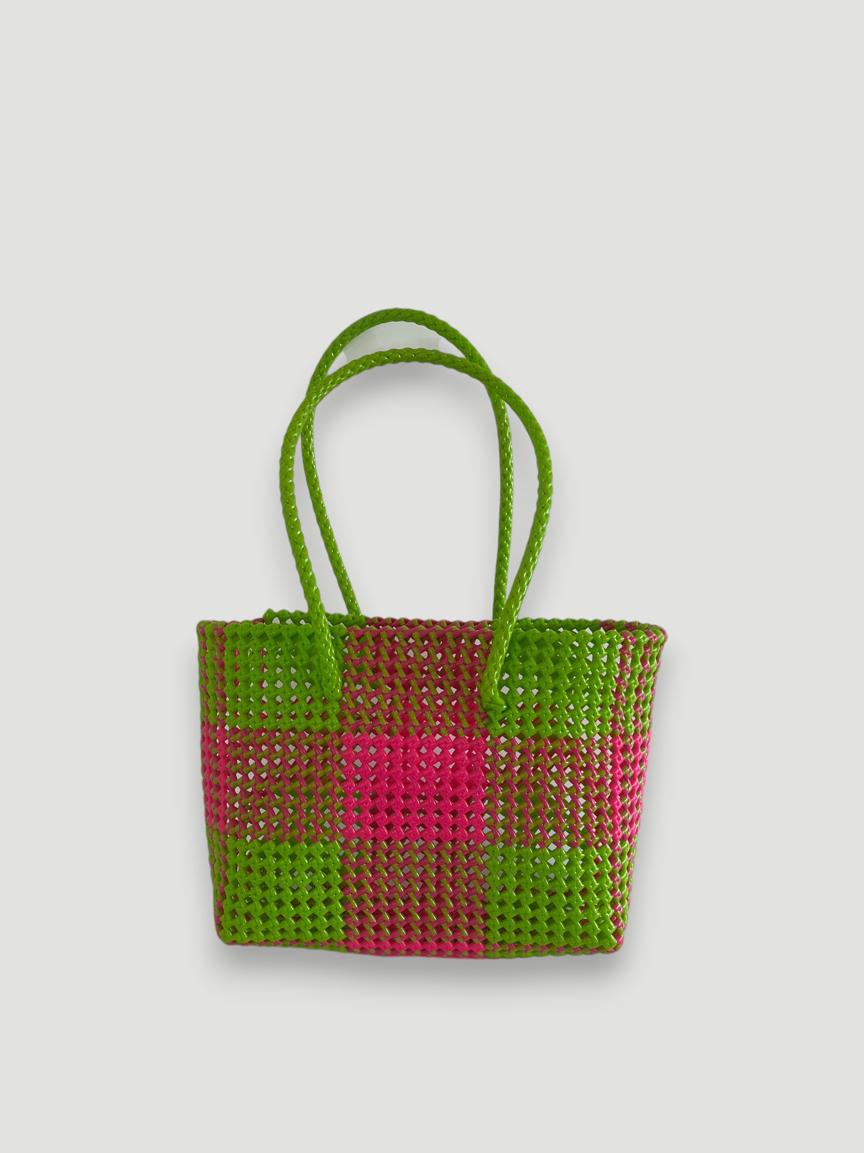 No. 118M - Hand-braided basket bag - medium - light green &amp; neon pink