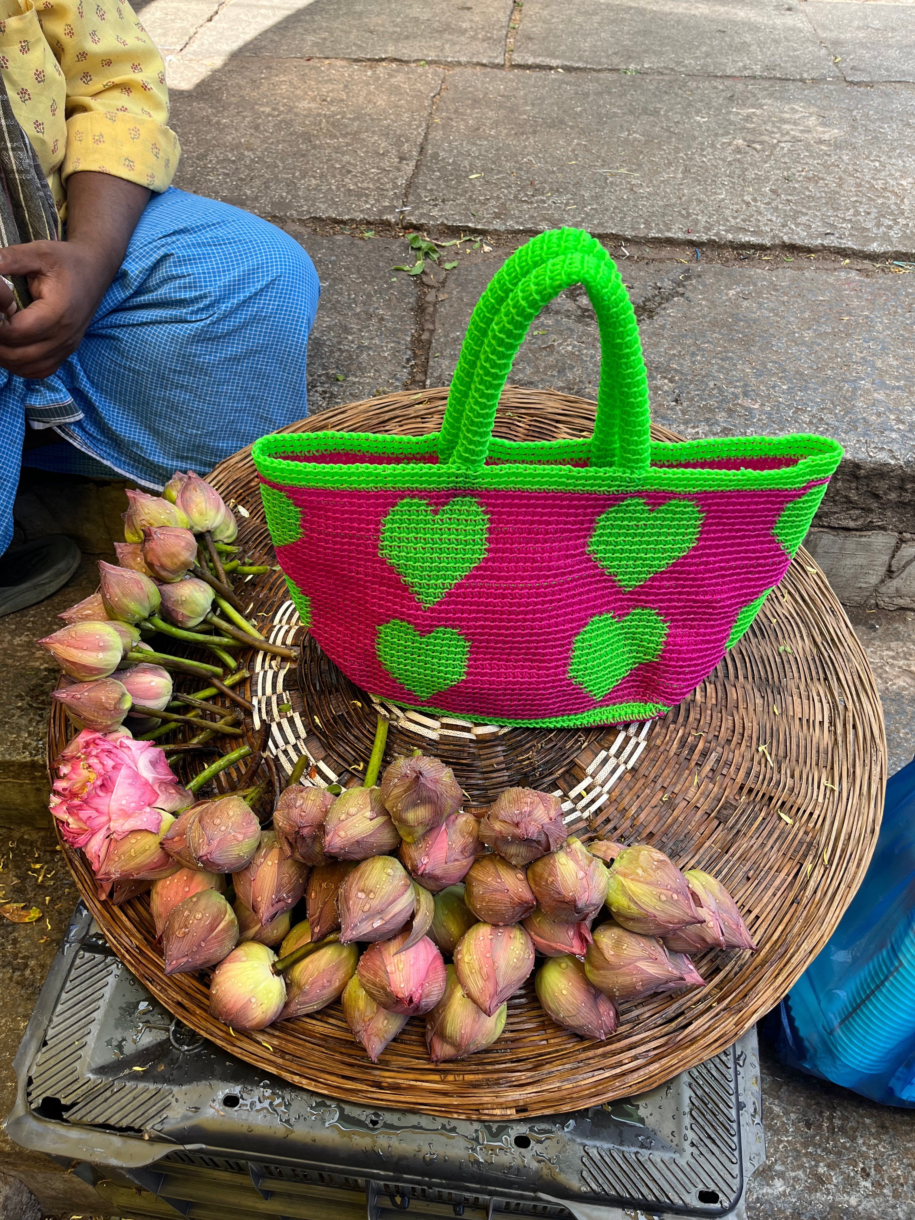 No. 8SC - CROCHET BASKET BAG - MEDIUM - neon green &amp; neon pink