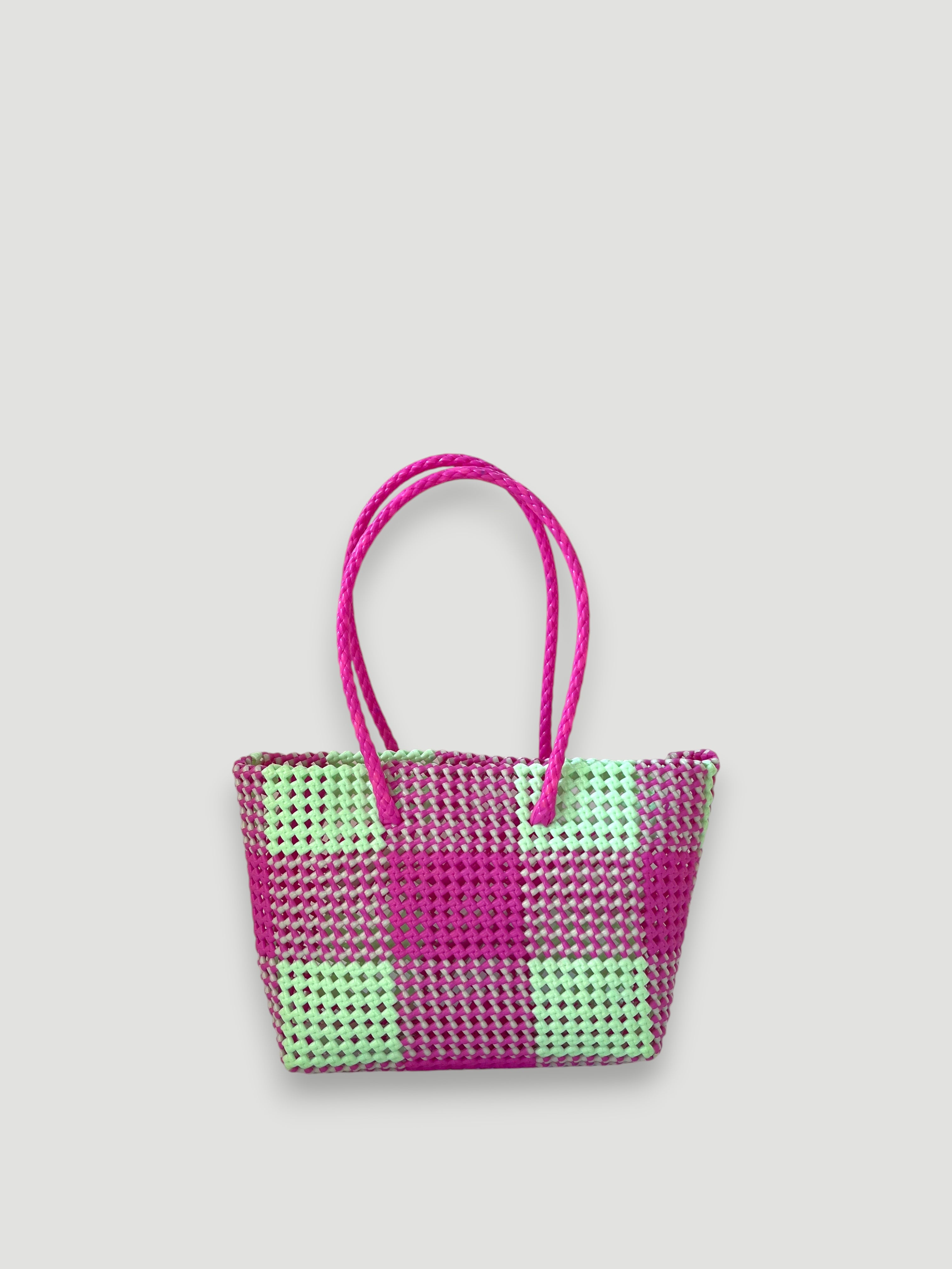 No. 521M - HANDWOVEN BASKET BAG - MEDIUM - dark pink & pastel green