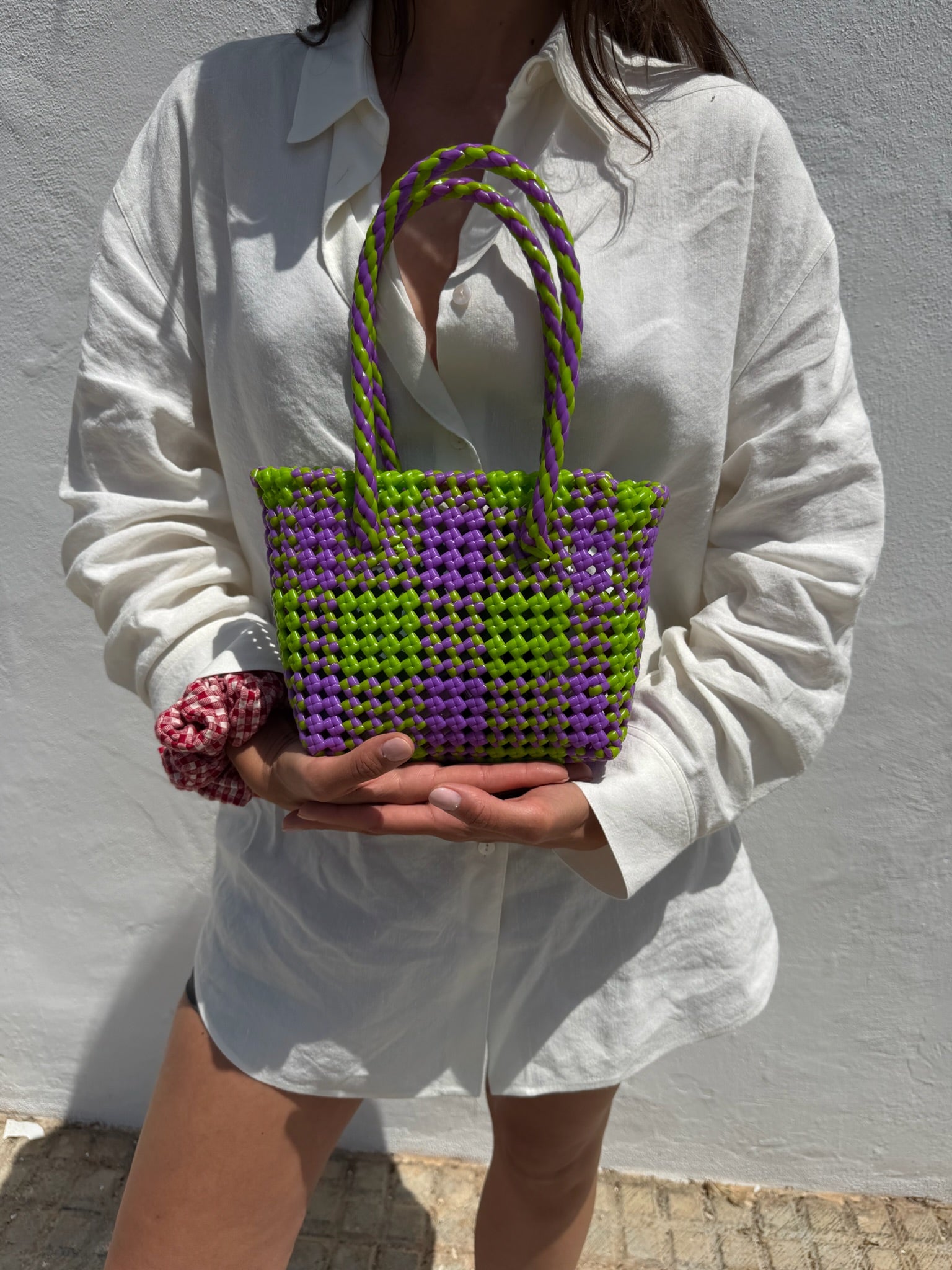 No. 6XS - Hand-braided basket bag - mini - light green &amp; purple