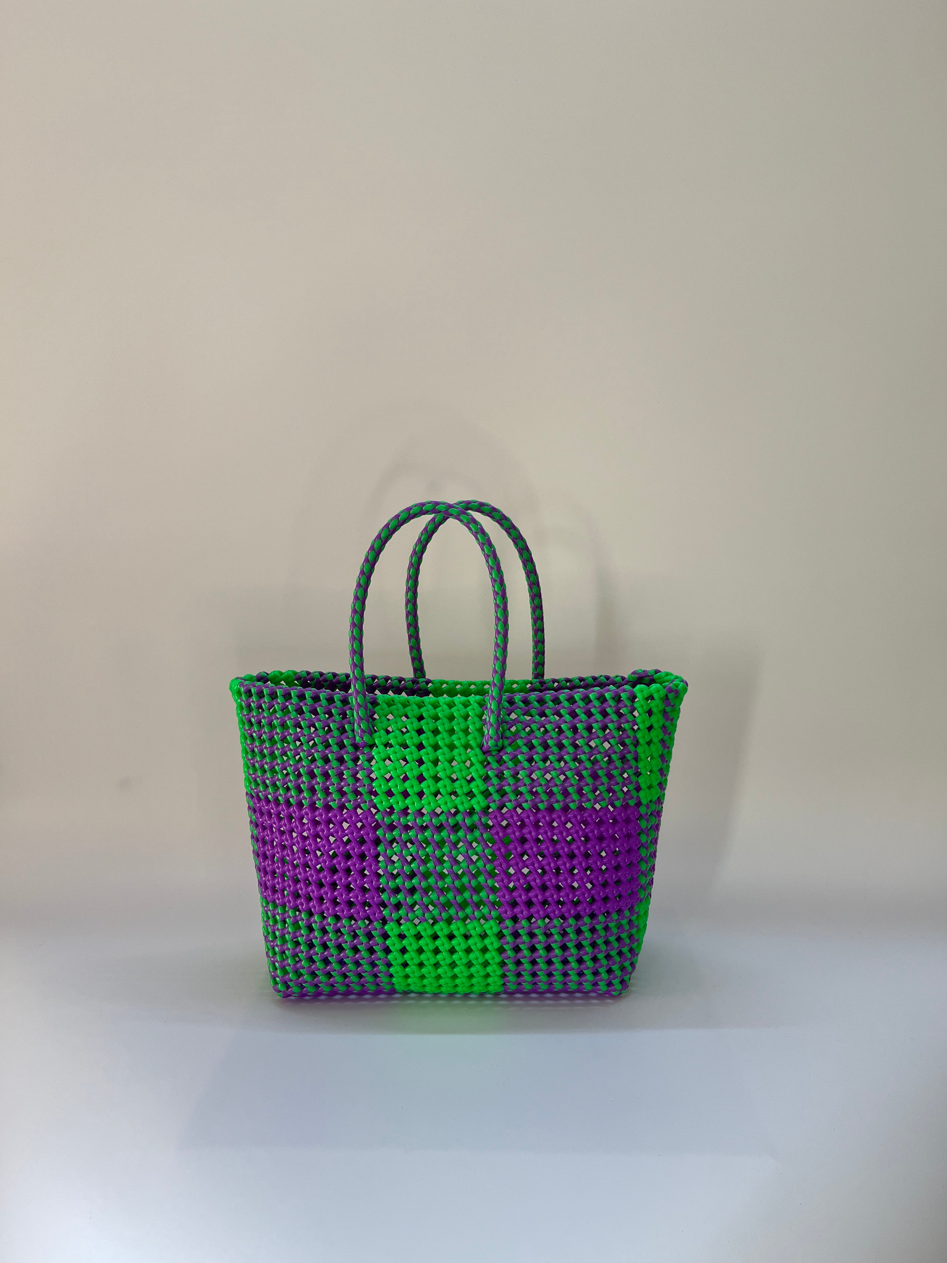 N°2M - SAC PANIER TRESSÉ MAIN - MOYEN - vert fluo & violet
