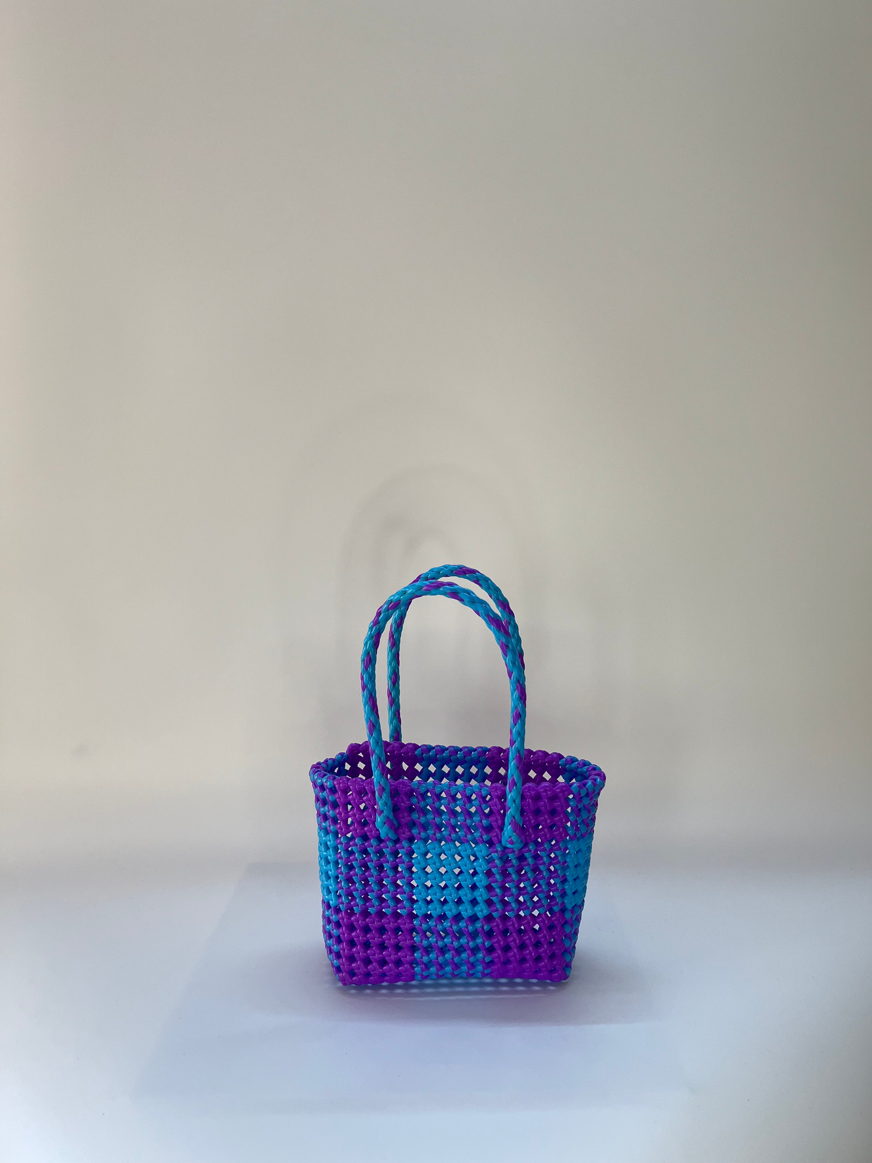 N°4XS - SAC PANIER TRESSÉ MAIN - MINI - violet & bleu clair