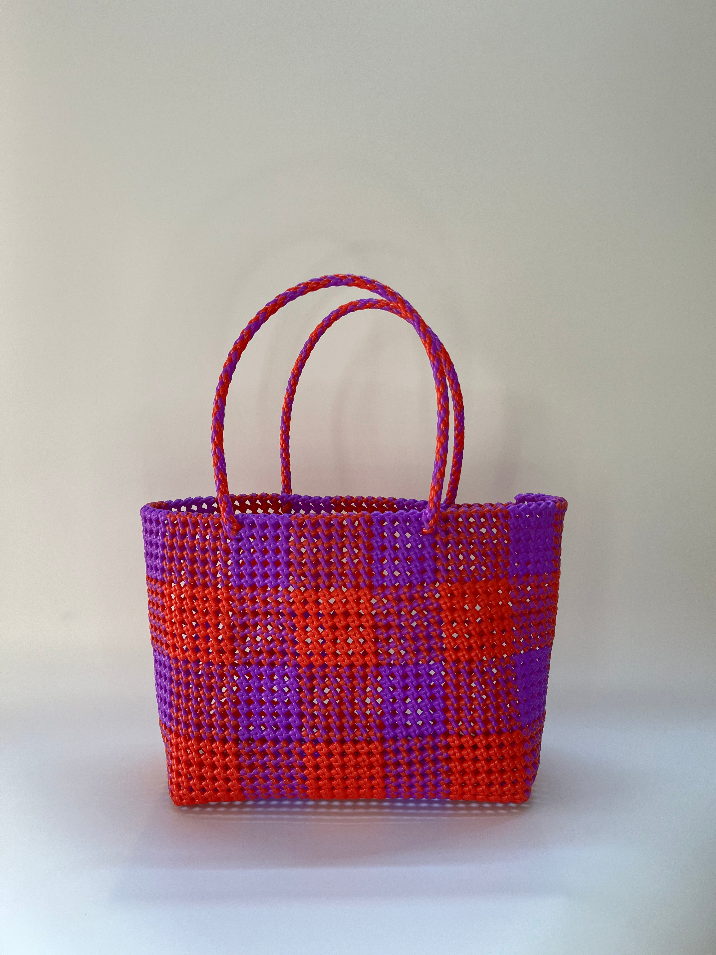 N°8L - SAC PANIER TRESSÉ MAIN - GRAND - rouge clair & violet