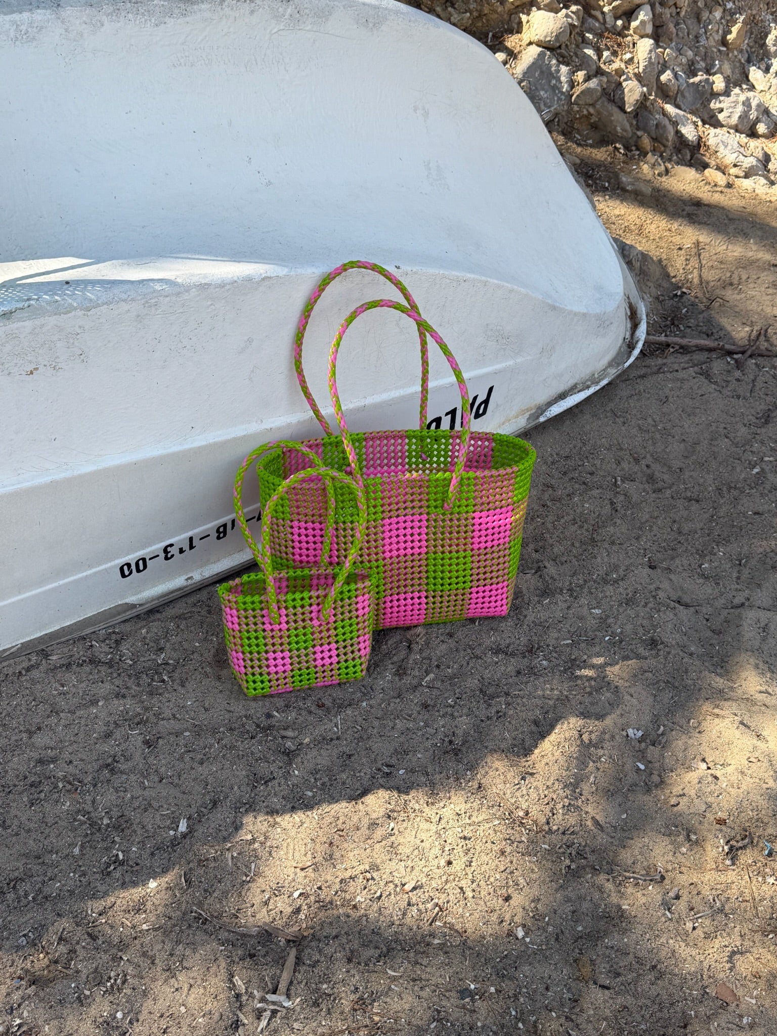 N°21L - SAC PANIER TRESSÉ MAIN - GRAND - rose clair & vert clair