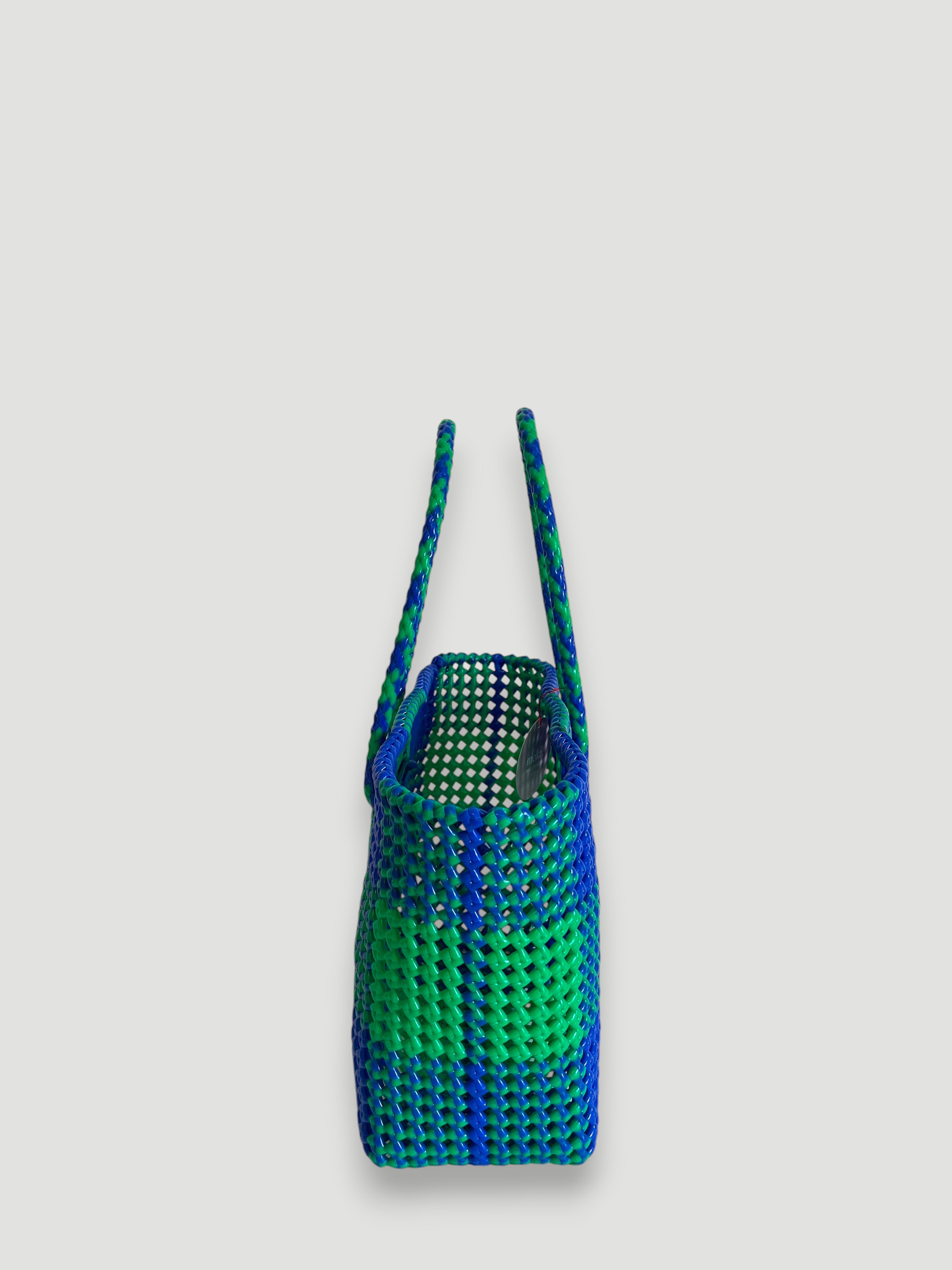 N°333M - SAC PANIER TRESSÉ MAIN - MOYEN - vert & bleu foncé