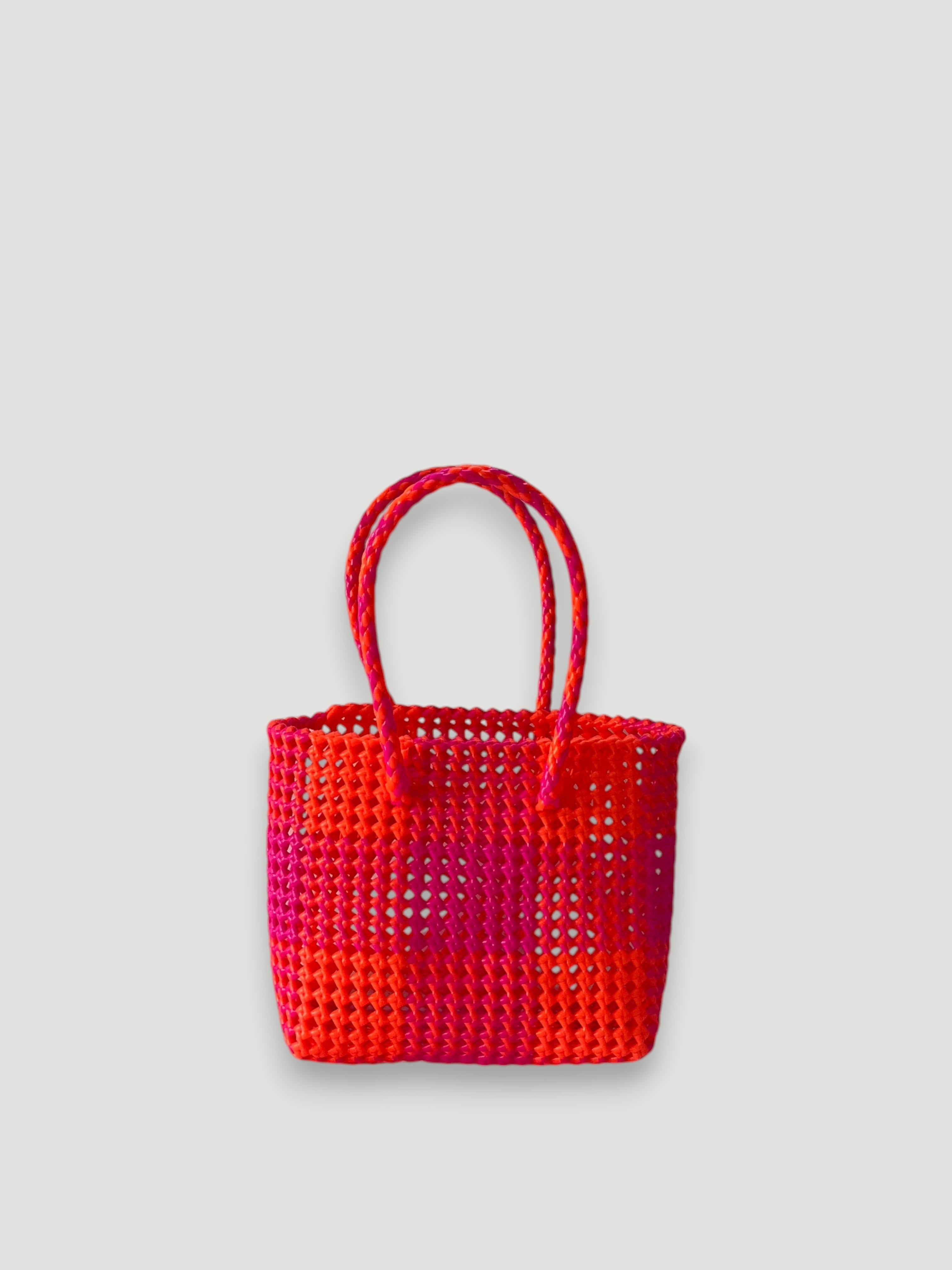 N°222S - SAC PANIER TRESSÉ MAIN - PETIT - orange fluo & rose fluo