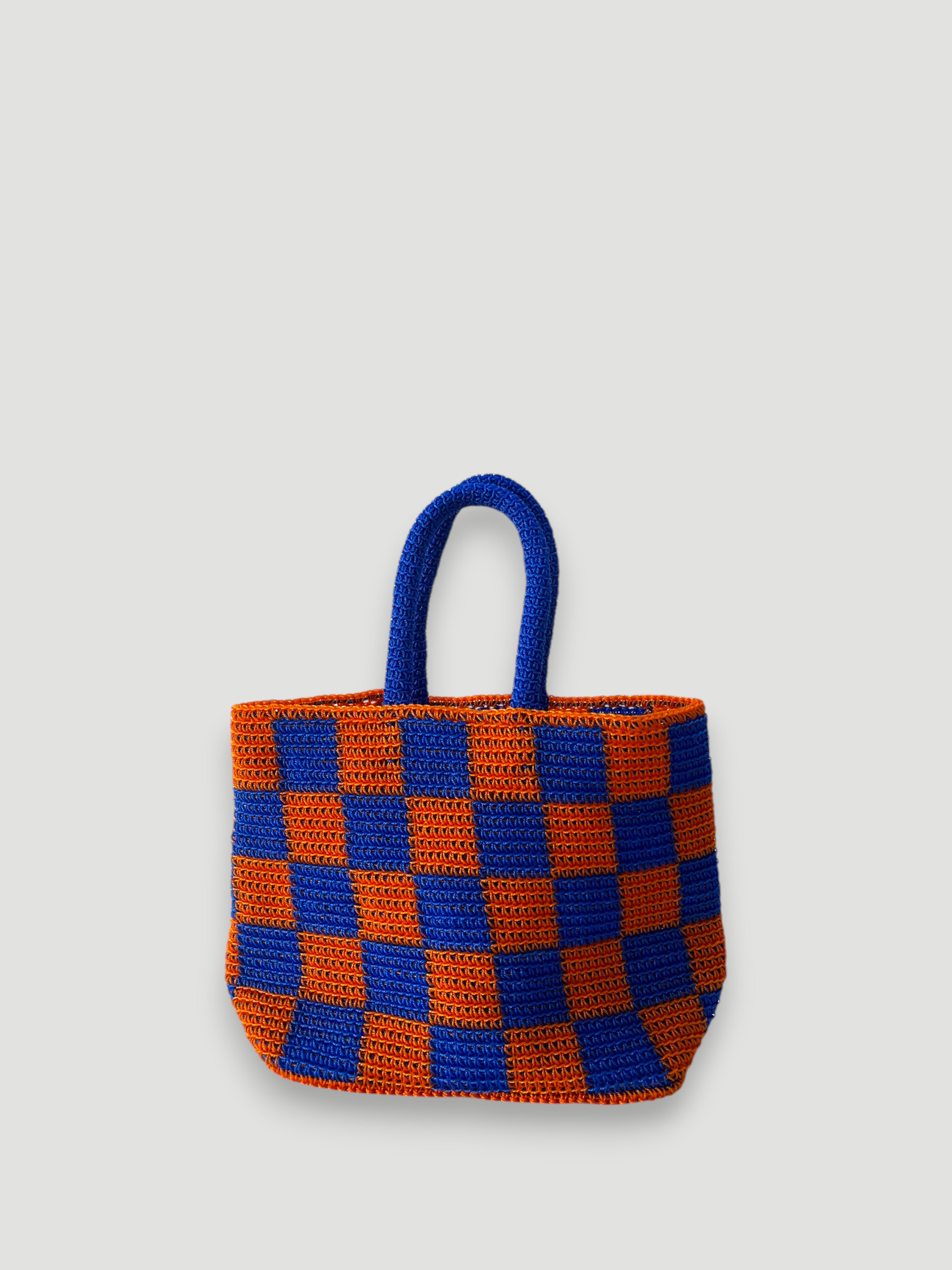 N°7SC - SAC PANIER CROCHET DAMIER L - GRAND - bleu foncé & orange