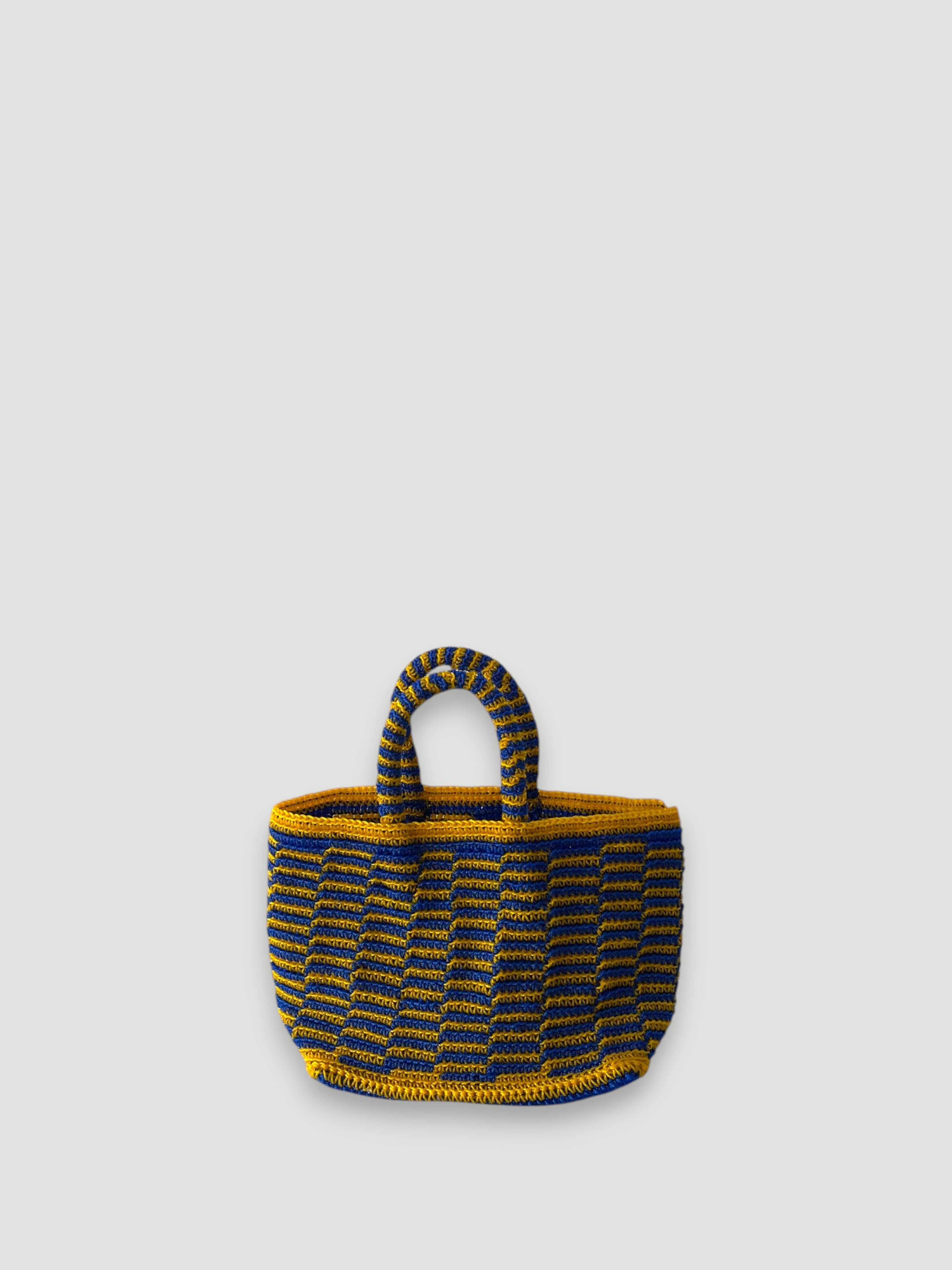 N°2SC - SAC PANIER CROCHET STRIE S - PETIT - bleu foncé & moutarde