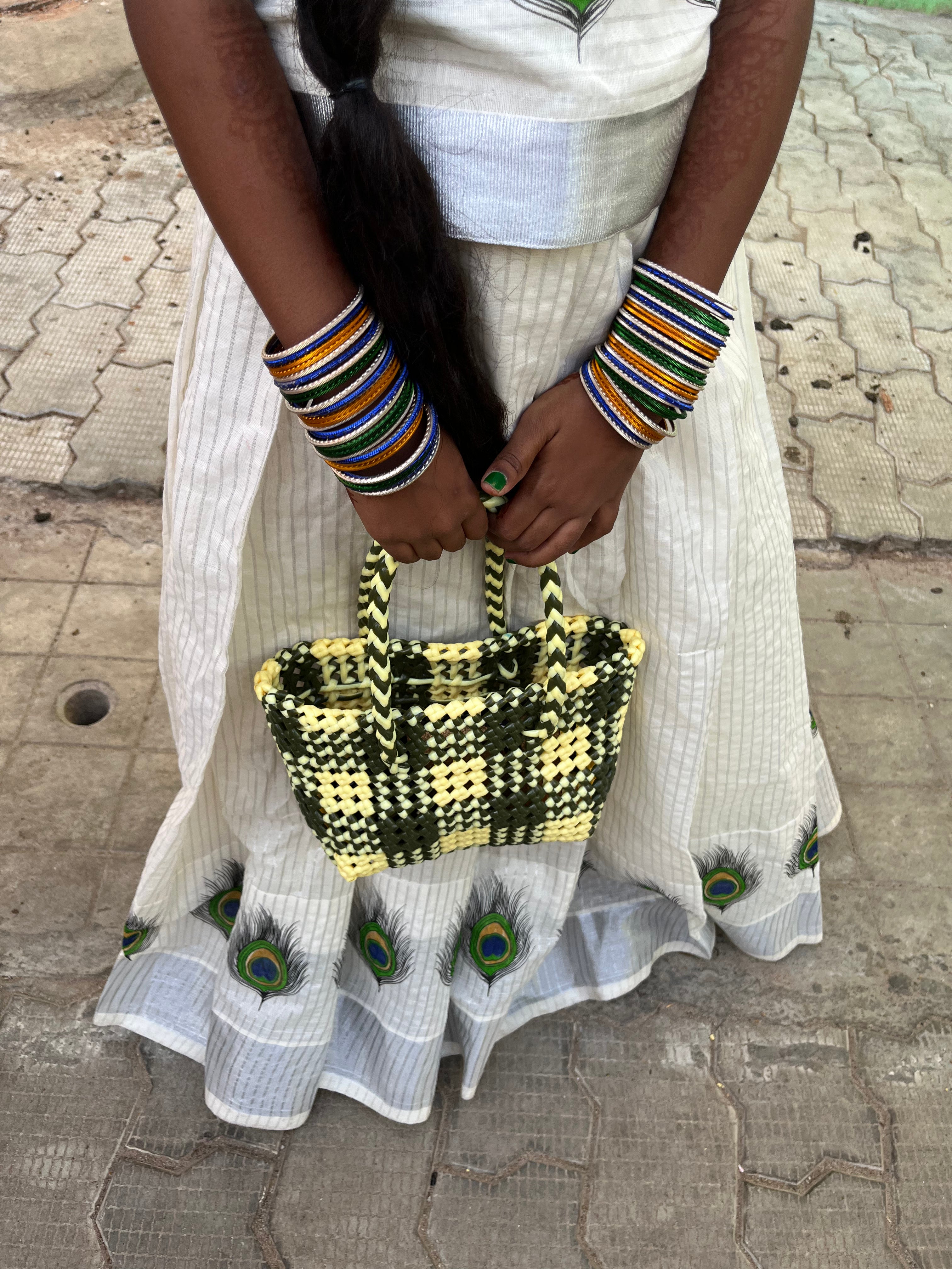N°32XS - SAC PANIER TRESSÉ MAIN - MINI - kaki & écru