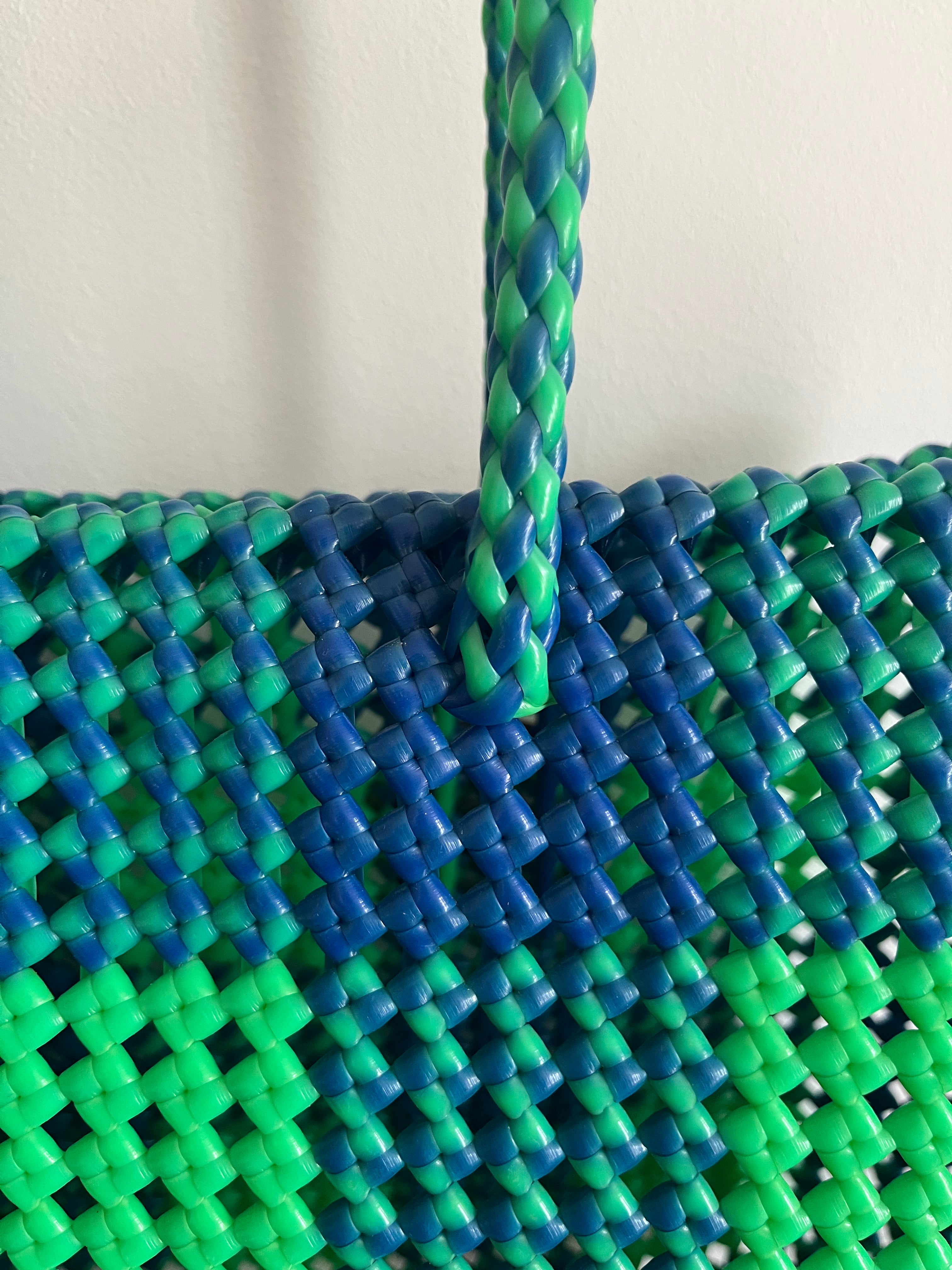 No. 49L - Handwoven basket bag - large - neon green &amp; dark blue