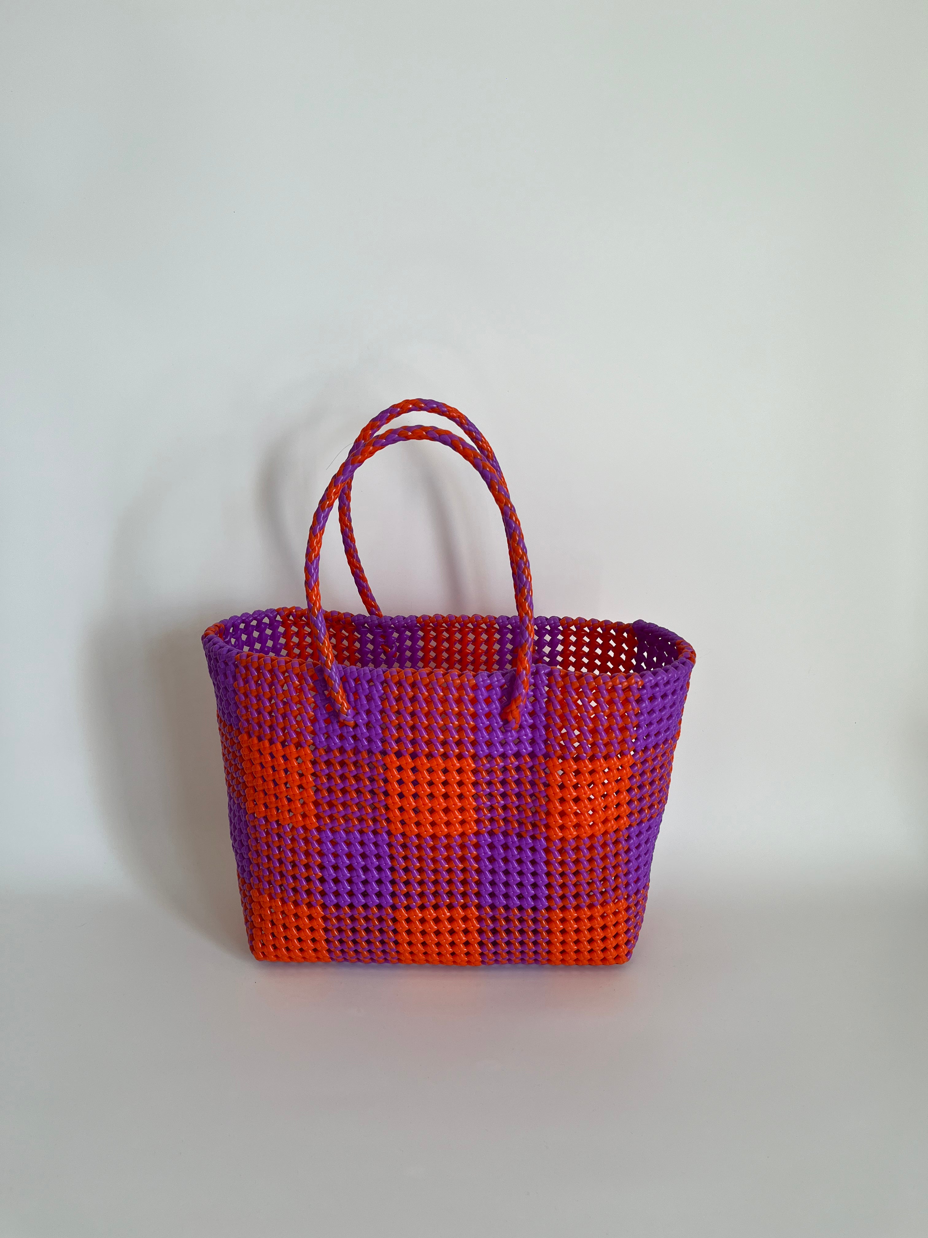 N°8L - SAC PANIER TRESSÉ MAIN - GRAND - rouge clair & violet