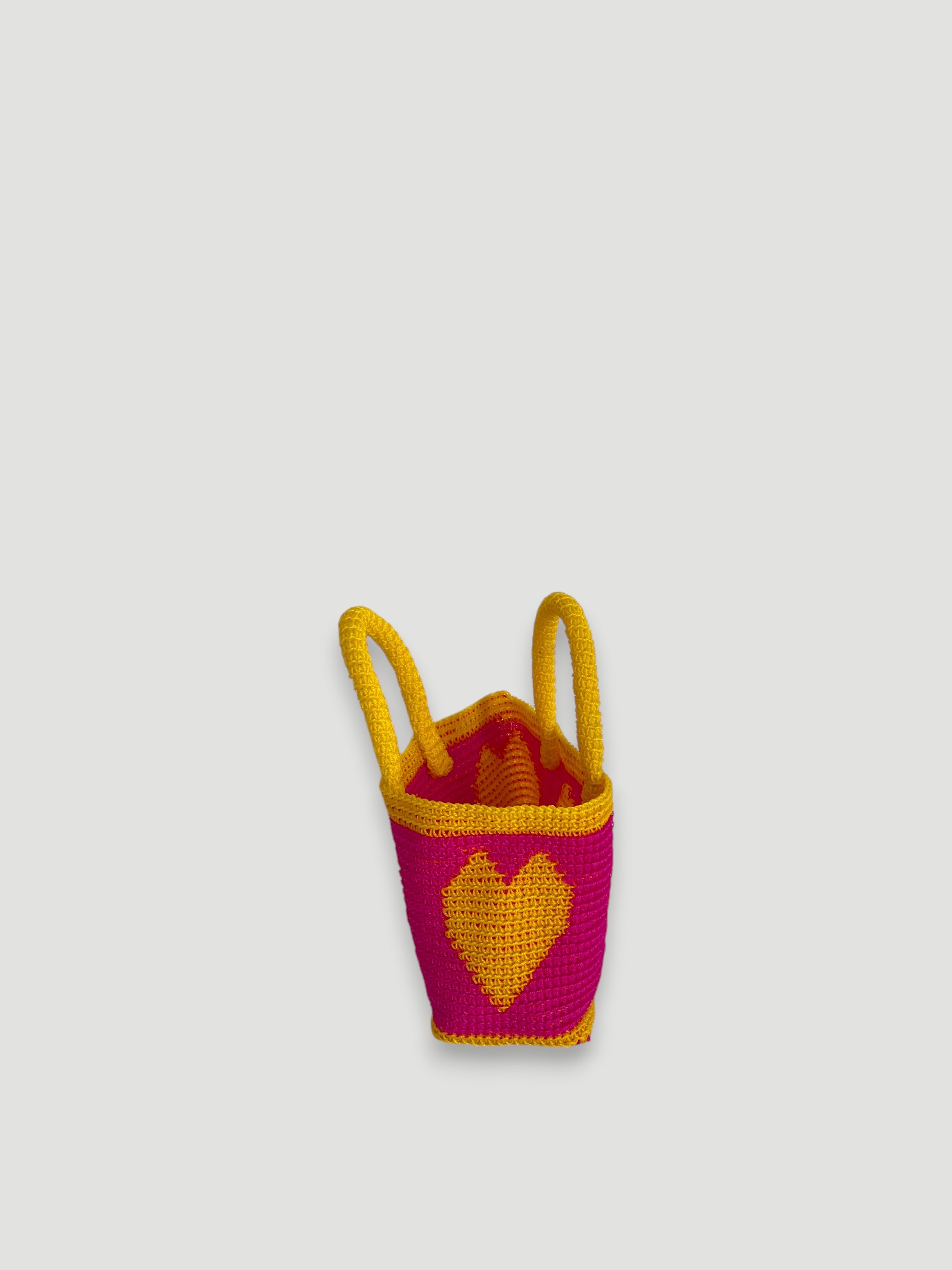 N°14SC - SAC PANIER CROCHET COEUR XS - MINI - rose fluo & jaune