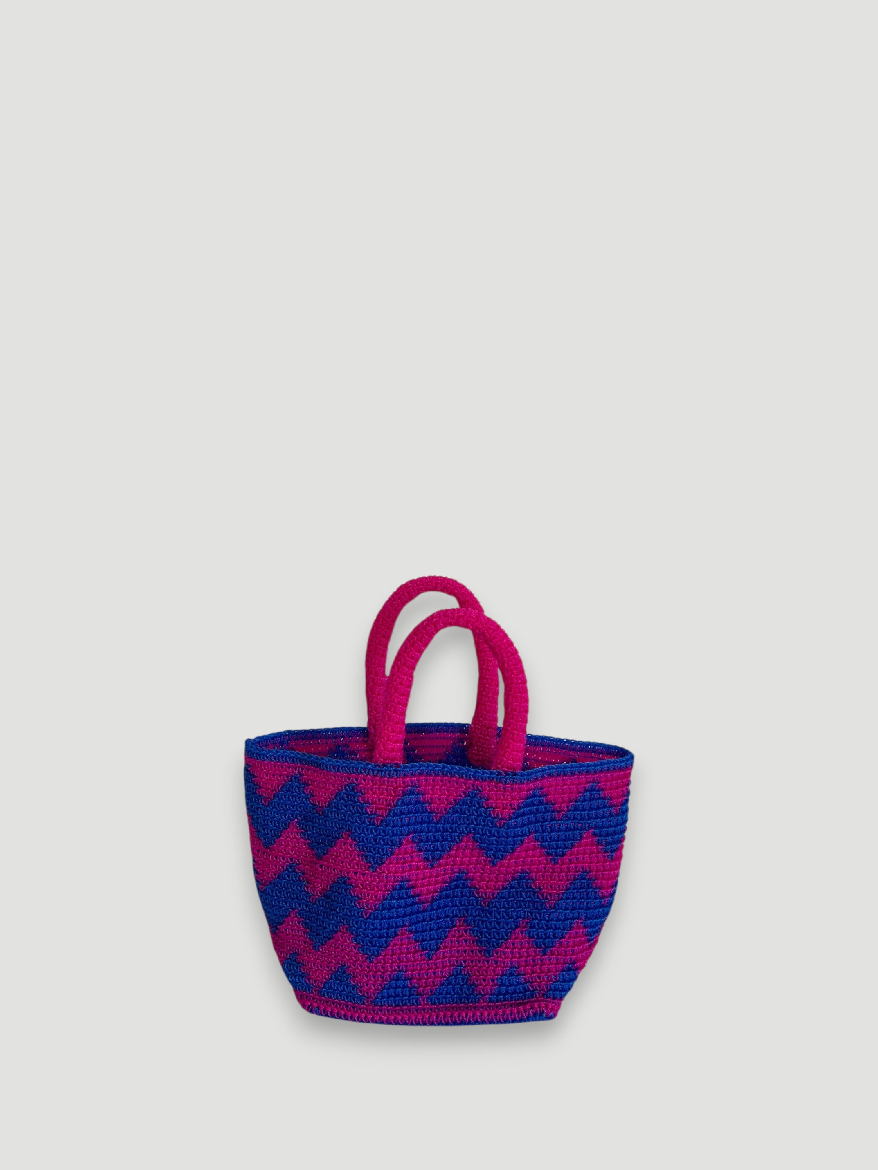 N°15SC - SAC PANIER CROCHET ZIGZAG S - PETIT - rose fluo & bleu foncé