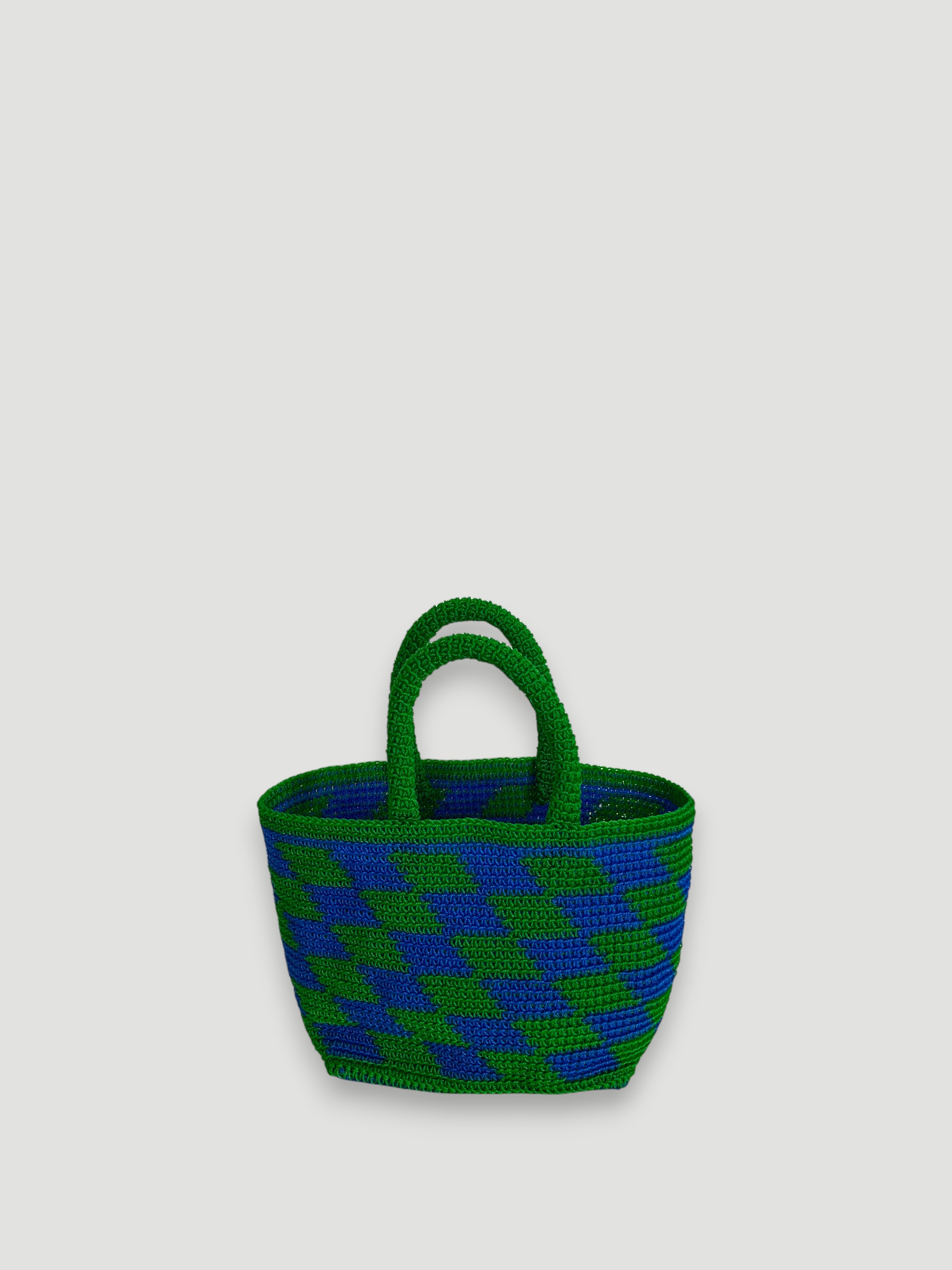 N°16SC - SAC PANIER CROCHET LOSANGE S - PETIT - vert & bleu foncé
