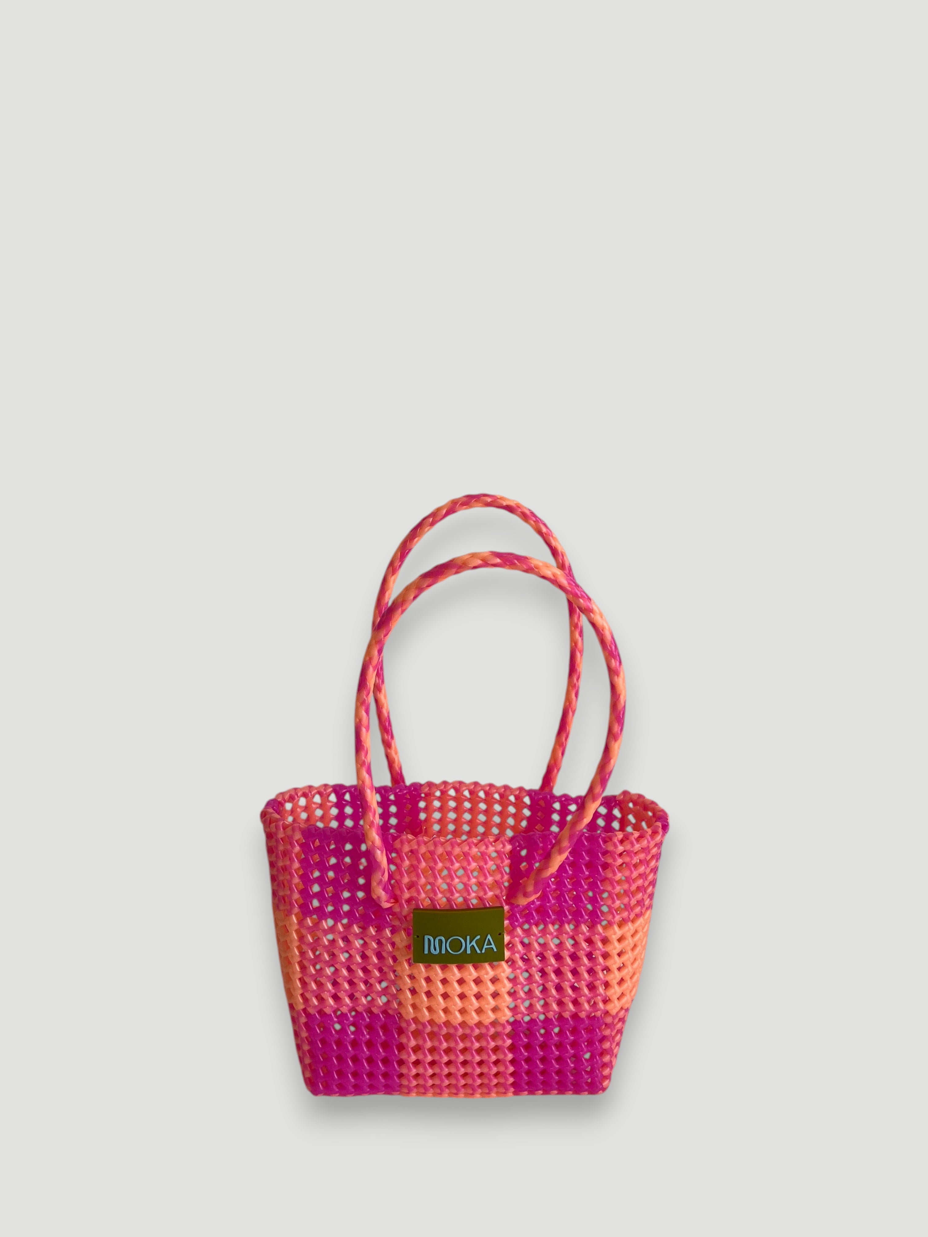 N°512S - SAC PANIER TRESSÉ MAIN - PETIT - orange irisé & rose fluo cristal