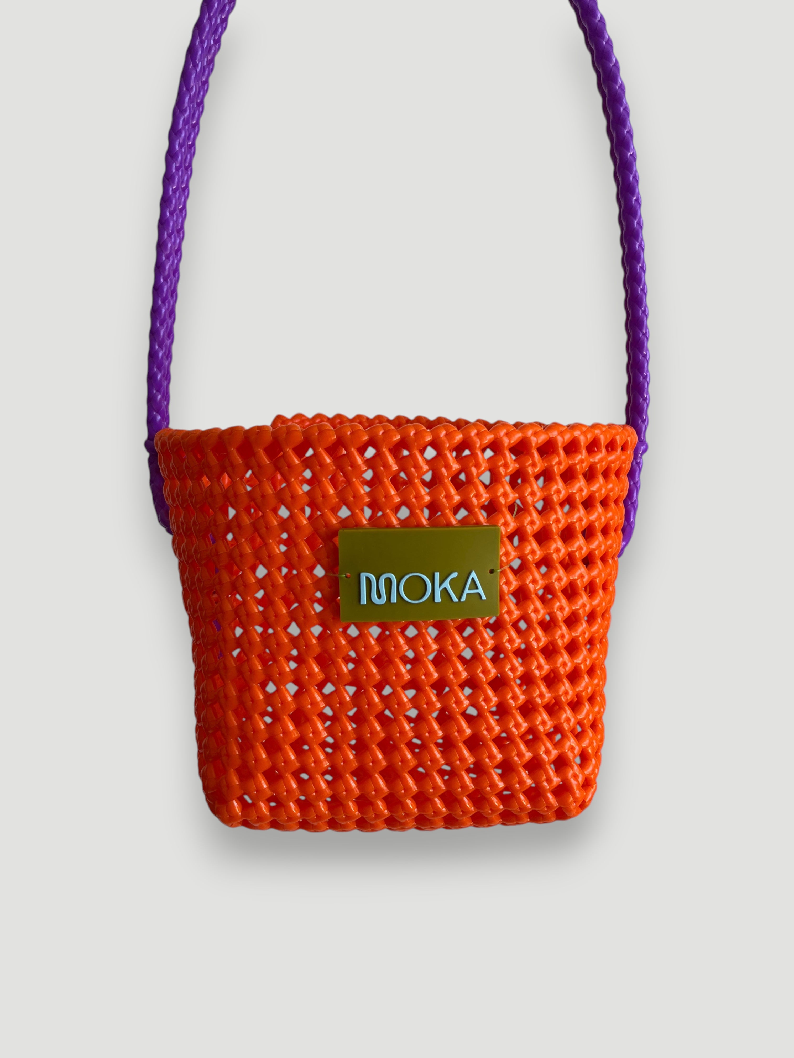 N°89SE - HAND-WOVEN BASKET BAG - BUCKET - orange & purple