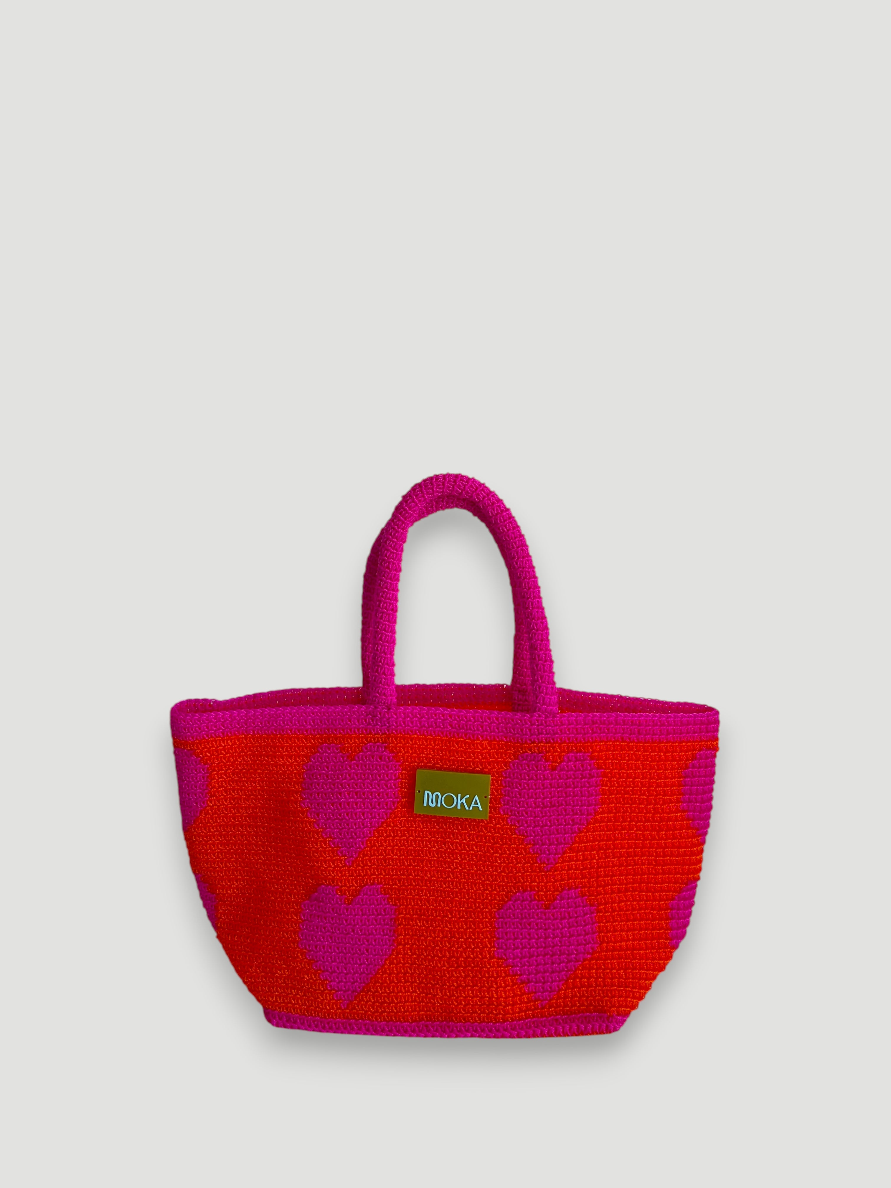 N°30SC - SAC PANIER CROCHET COEUR L - GRAND - ROSE & ORANGE