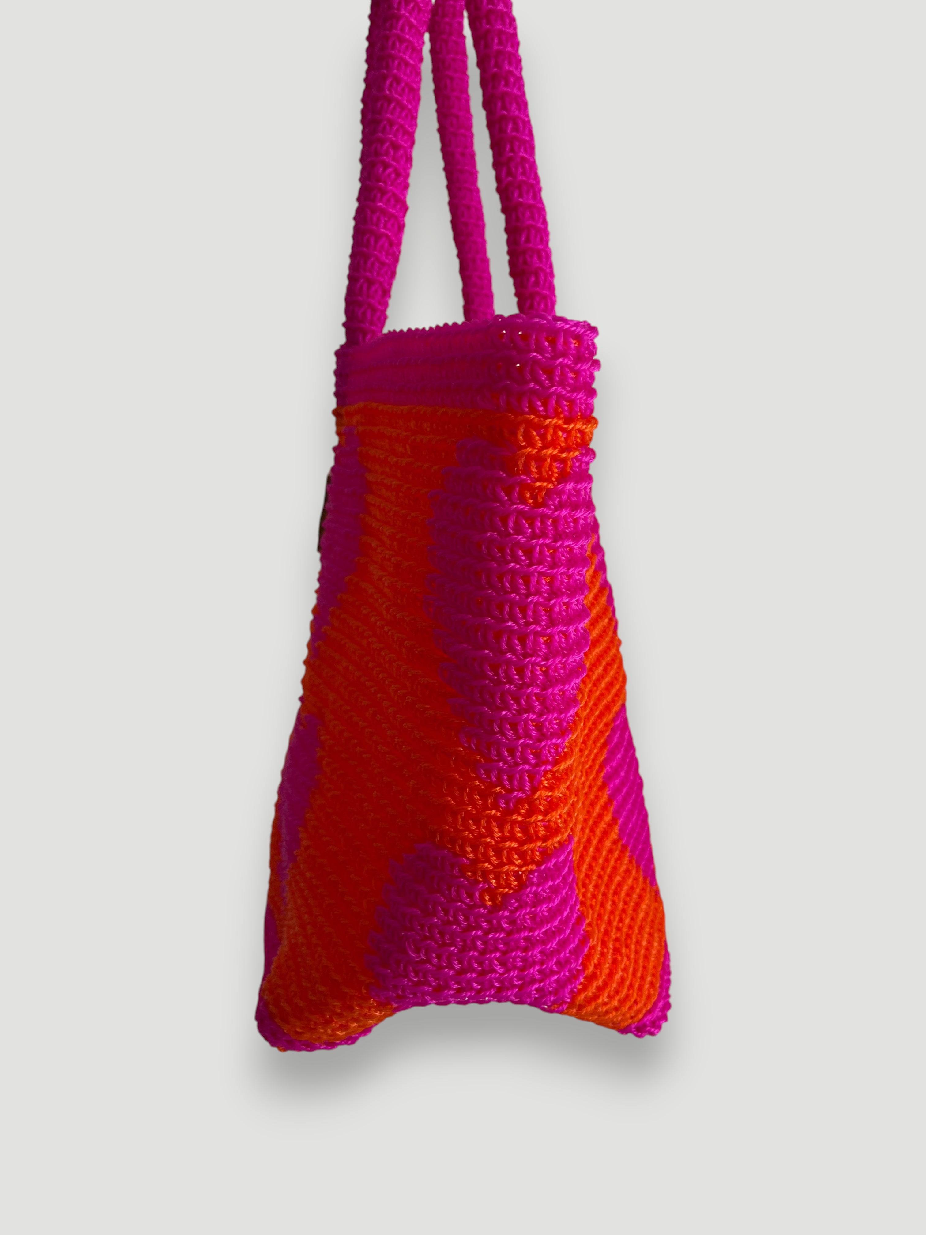 N°30SC - SAC PANIER CROCHET COEUR L - GRAND - ROSE & ORANGE