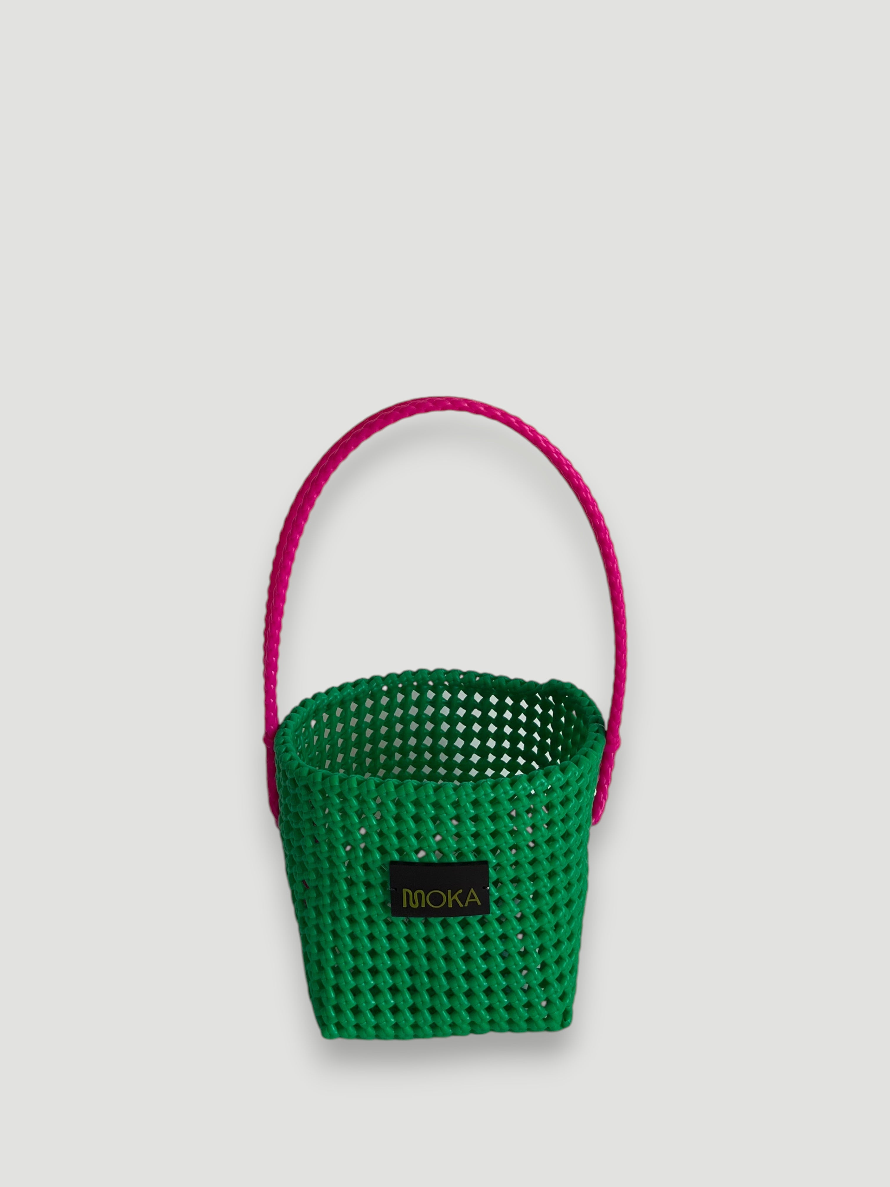 N°5SE - SAC PANIER TRESSÉ MAIN - SEAU - vert & rose