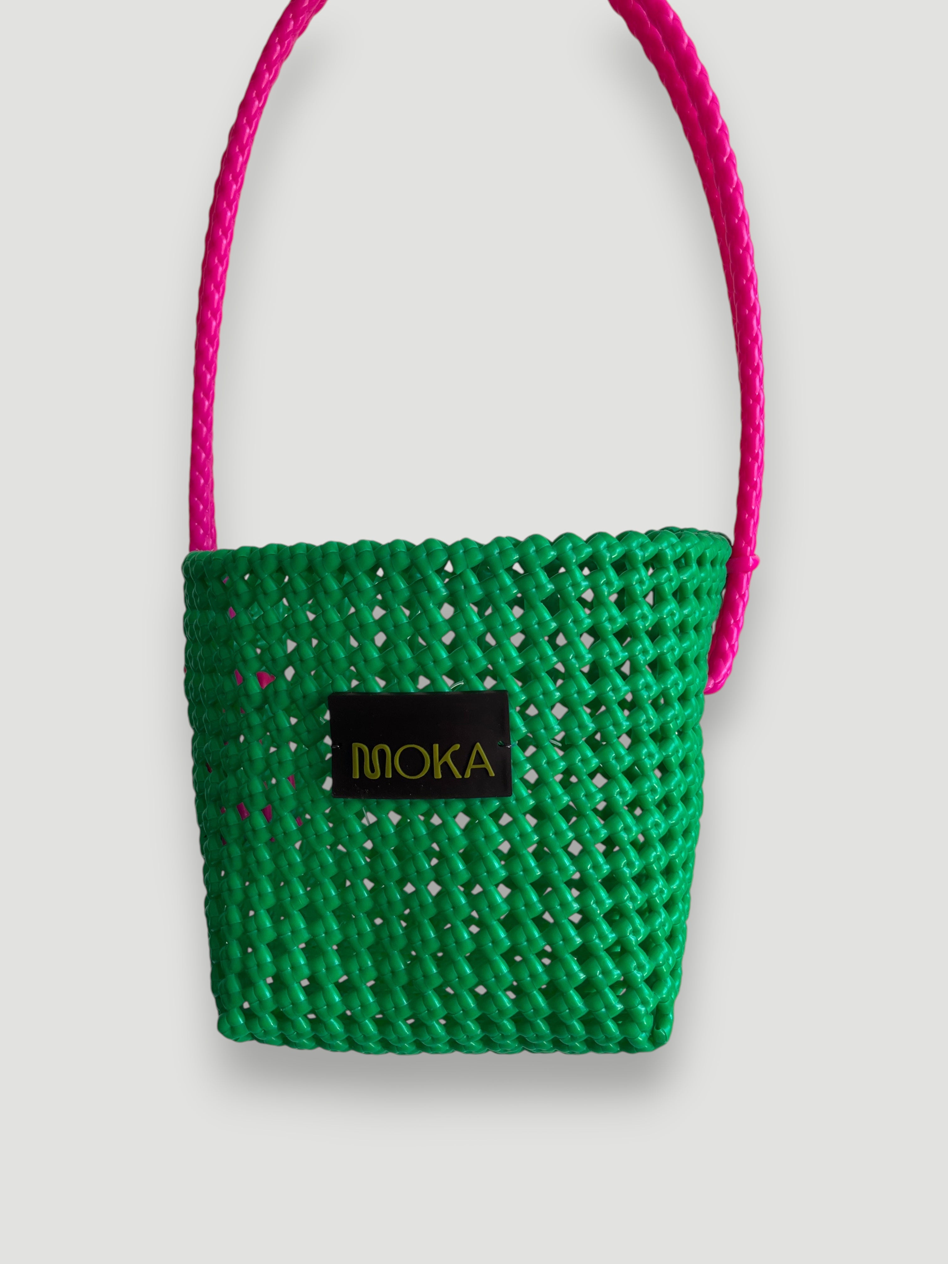 N°5SE - SAC PANIER TRESSÉ MAIN - SEAU - vert & rose