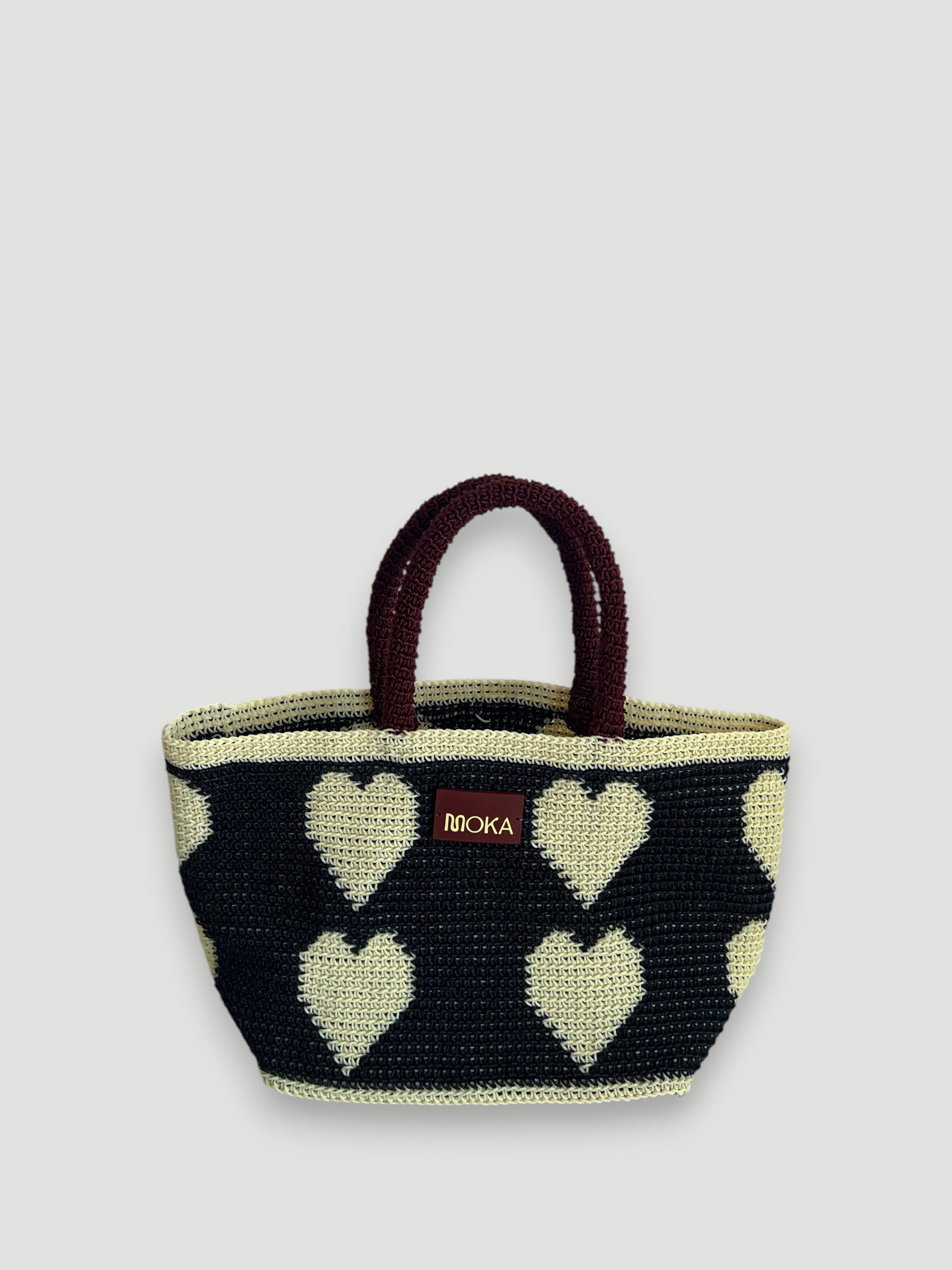 N°28SC - SAC PANIER CROCHET COEUR L - GRAND - MARRON & CRÈME