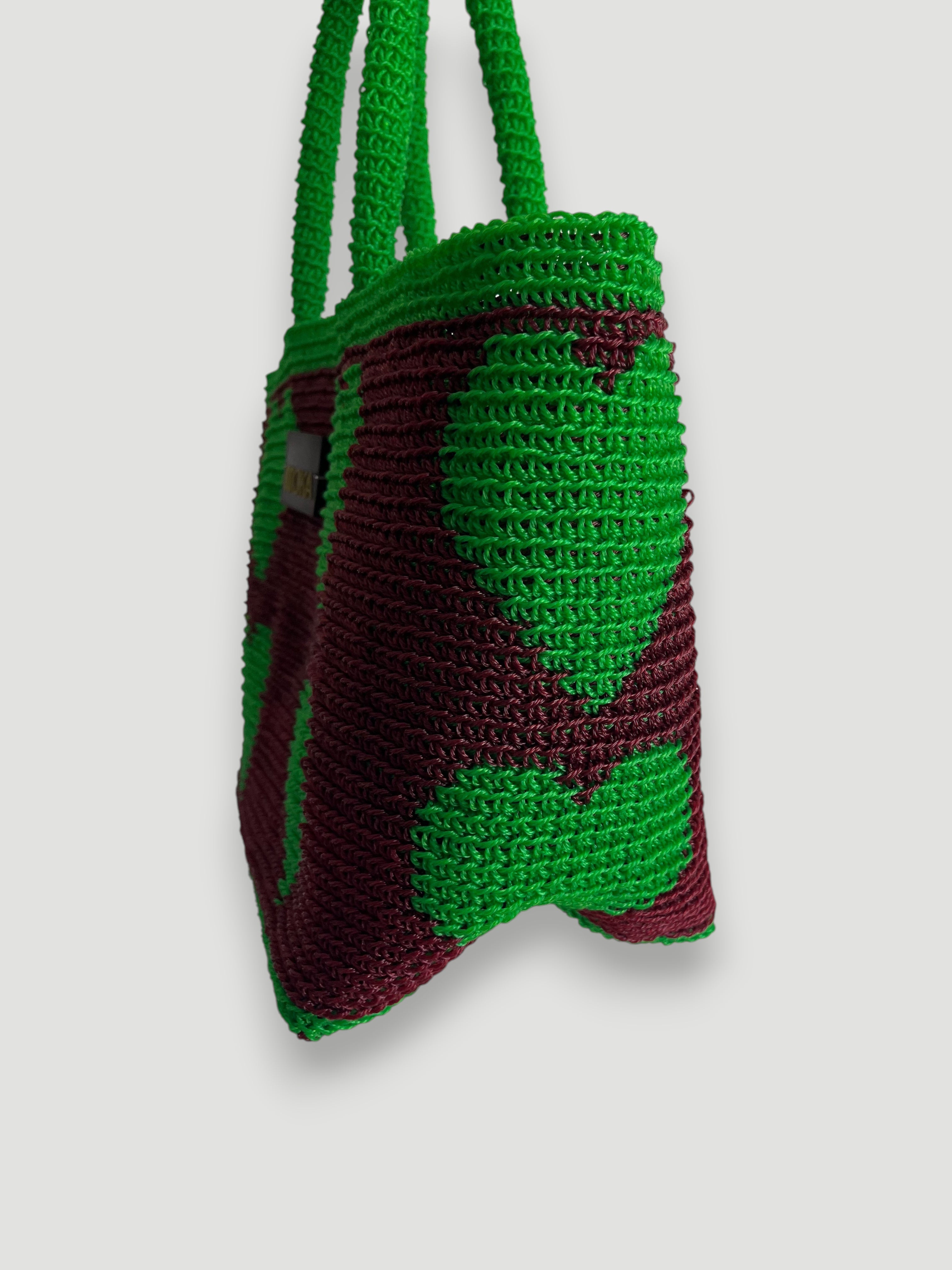 N°29SC - SAC PANIER CROCHET COEUR L - GRAND - BORDEAUX & VERT