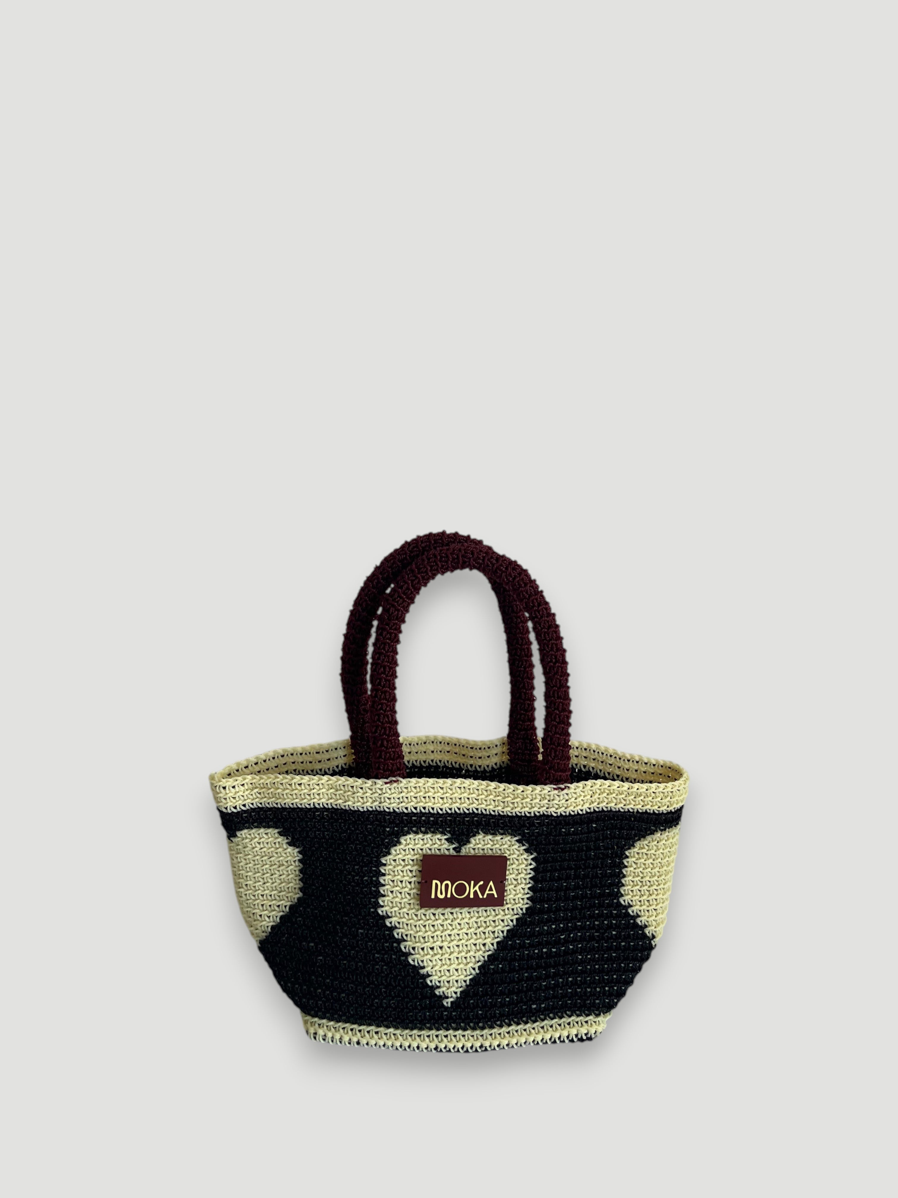 N°28SC - SAC PANIER CROCHET COEUR S - PETIT - MARRON & CRÈME