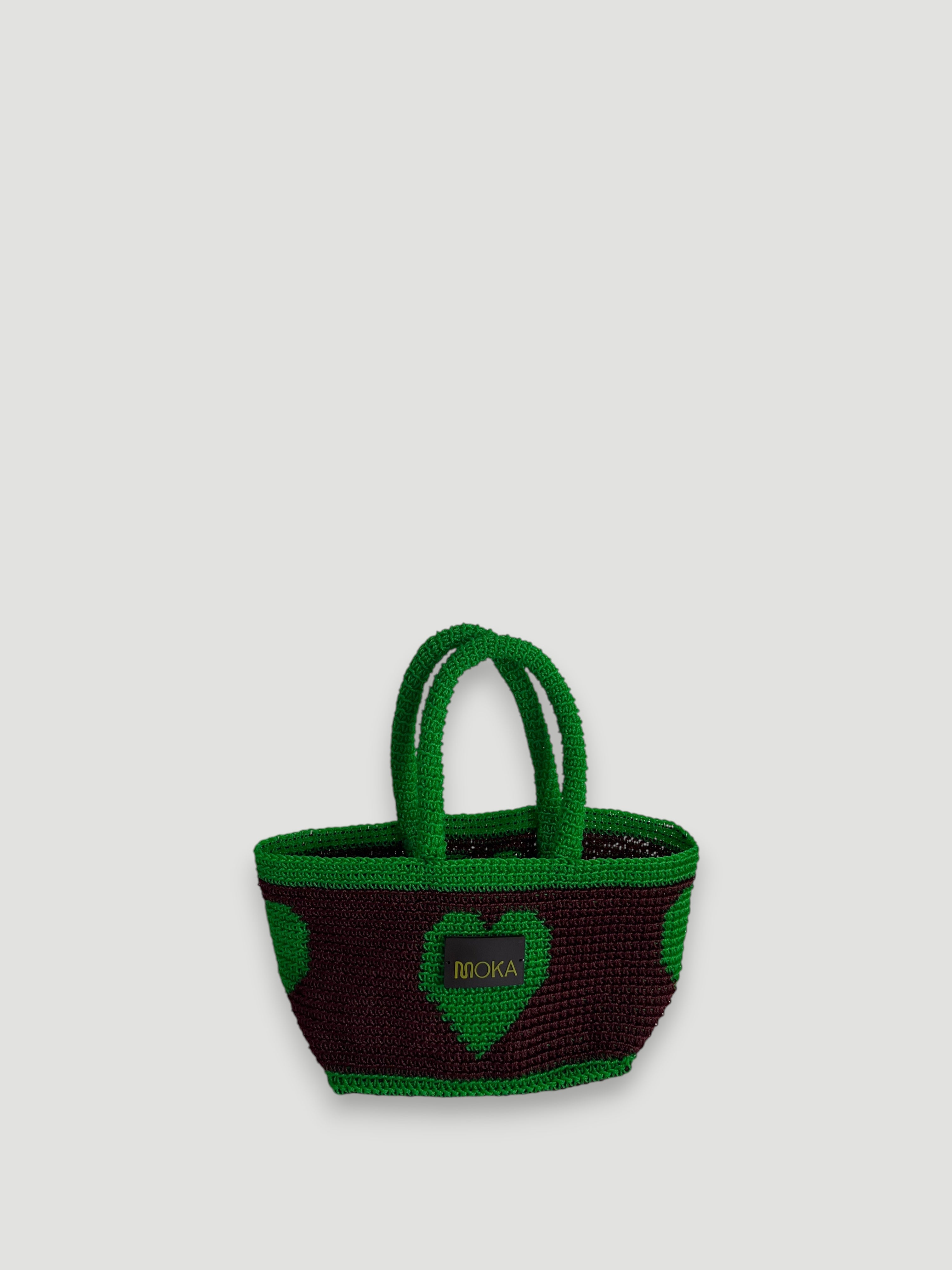 N°29SC - SAC PANIER CROCHET COEUR S - PETIT - BORDEAUX & VERT