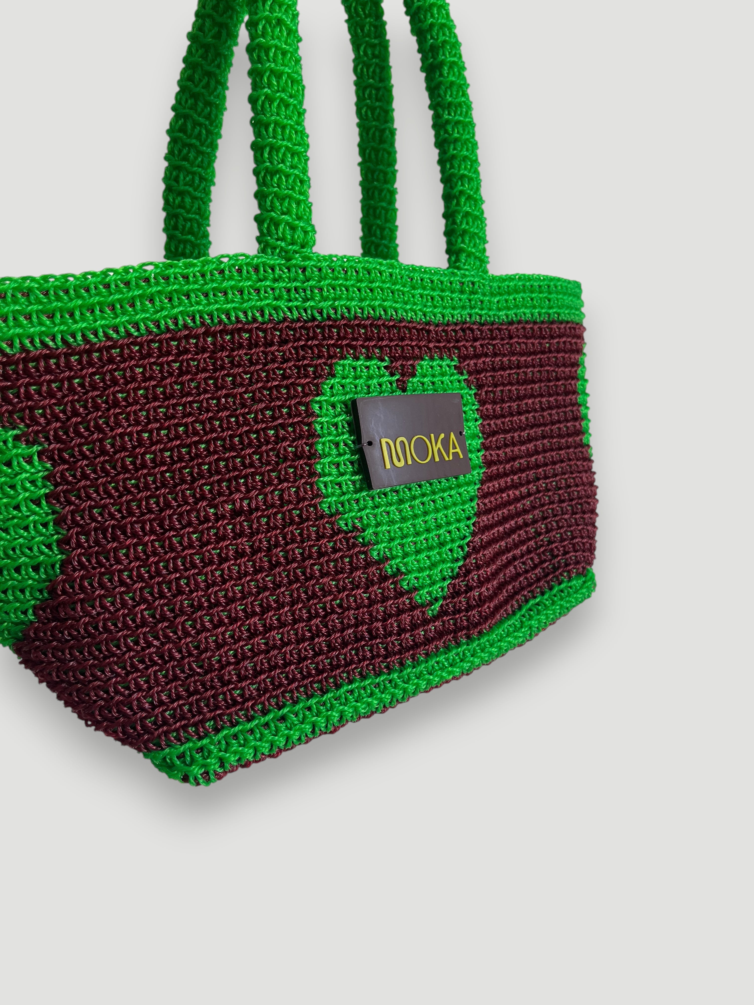 N°29SC - SAC PANIER CROCHET COEUR S - PETIT - BORDEAUX & VERT