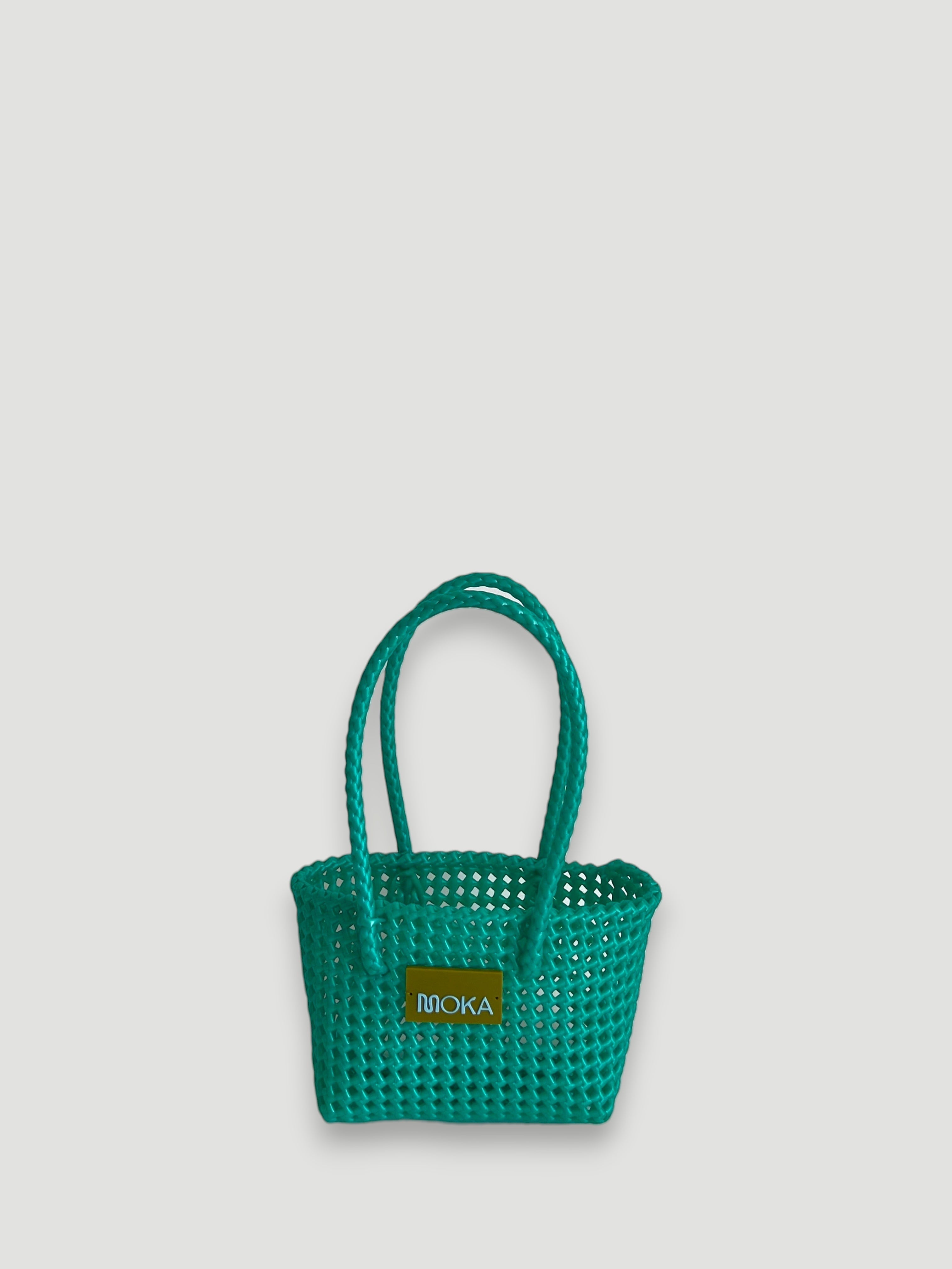 N°529XS - SAC PANIER TRESSÉ MAIN - MINI - turquoise irisé