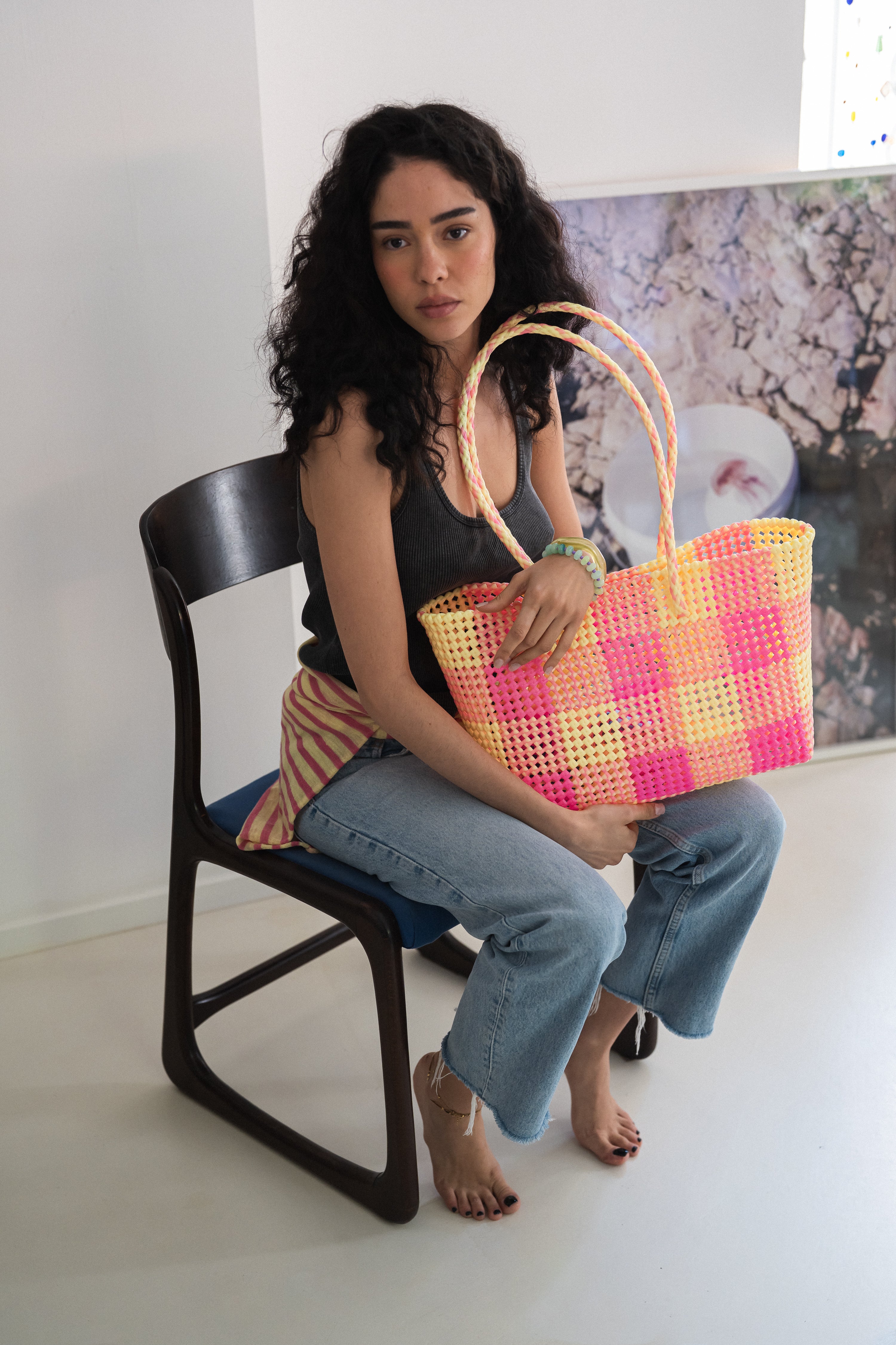 N°27L - SAC PANIER TRESSÉ MAIN - GRAND - crème & rose clair