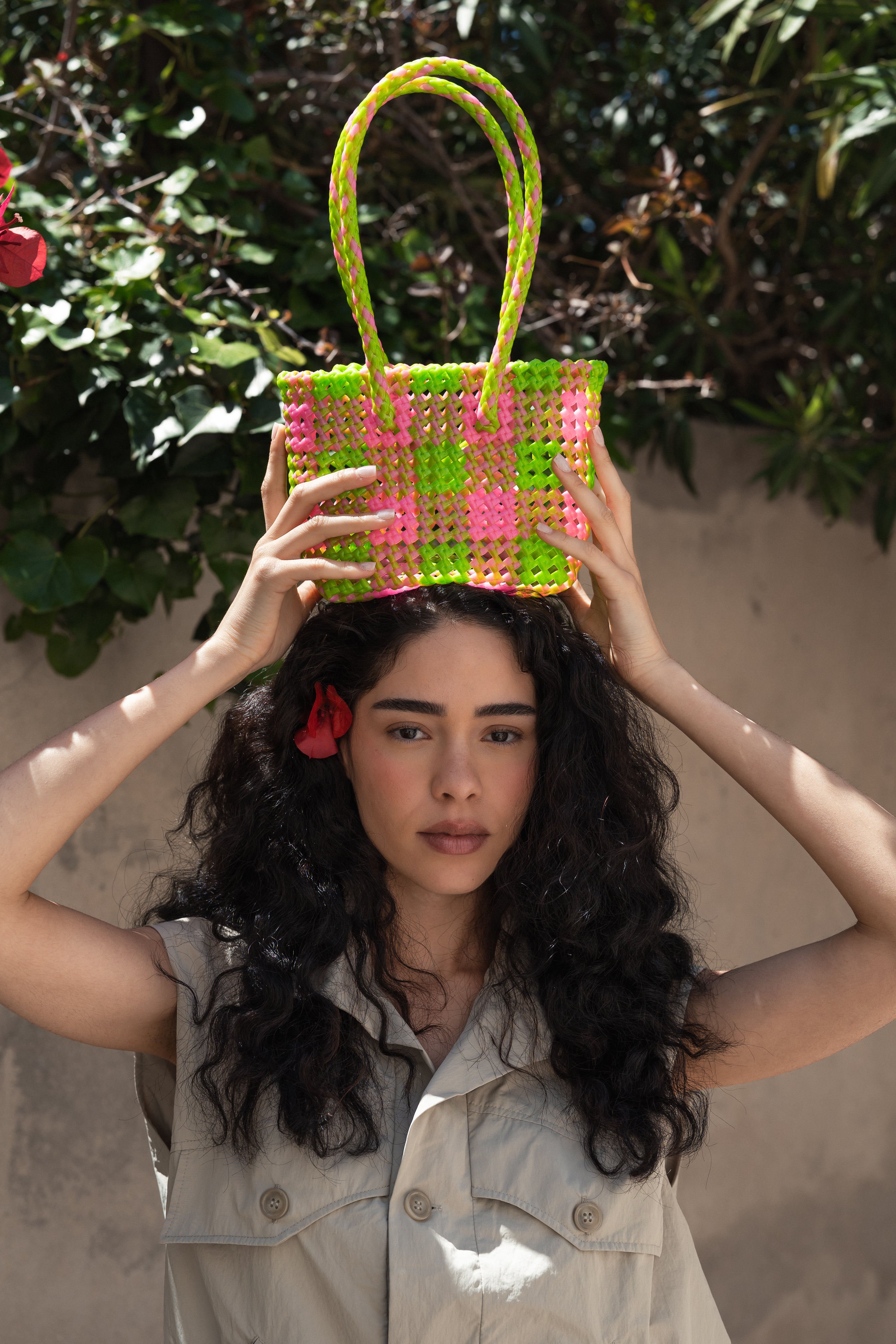 N°21XS - SAC PANIER TRESSÉ MAIN - MINI - rose clair & vert clair