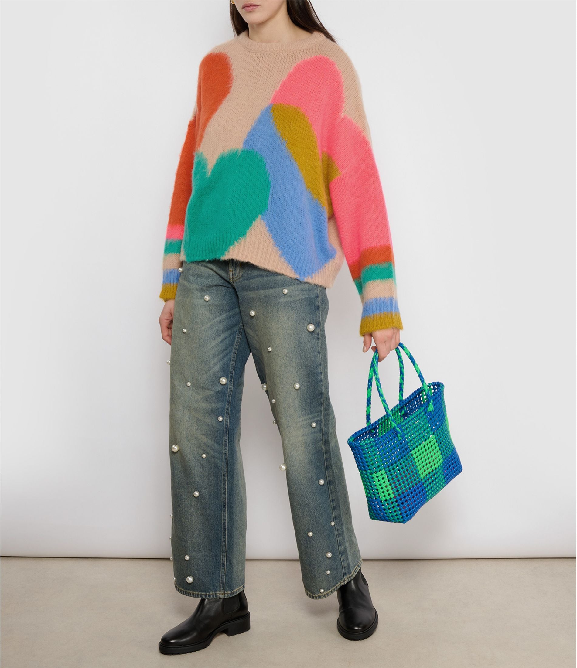 N°49M - SAC PANIER TRESSÉ MAIN - MOYEN - vert fluo & bleu foncé