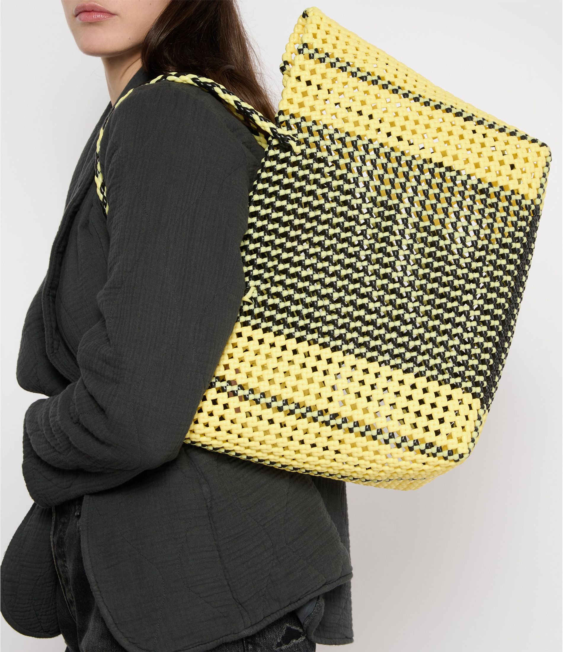 N°154L - SAC PANIER TRESSÉ MAIN - GRAND - noir & crème