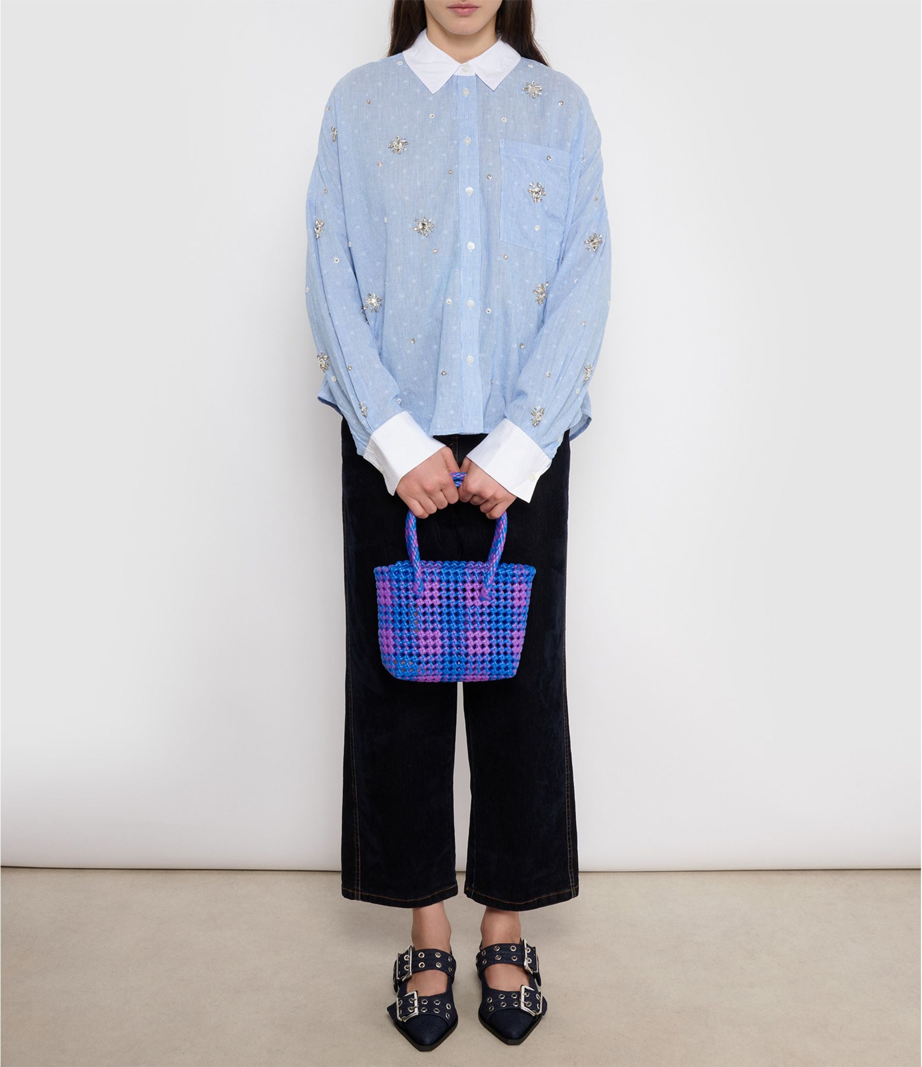 N°5XS - SAC PANIER TRESSÉ MAIN - MINI - bleu foncé & violet