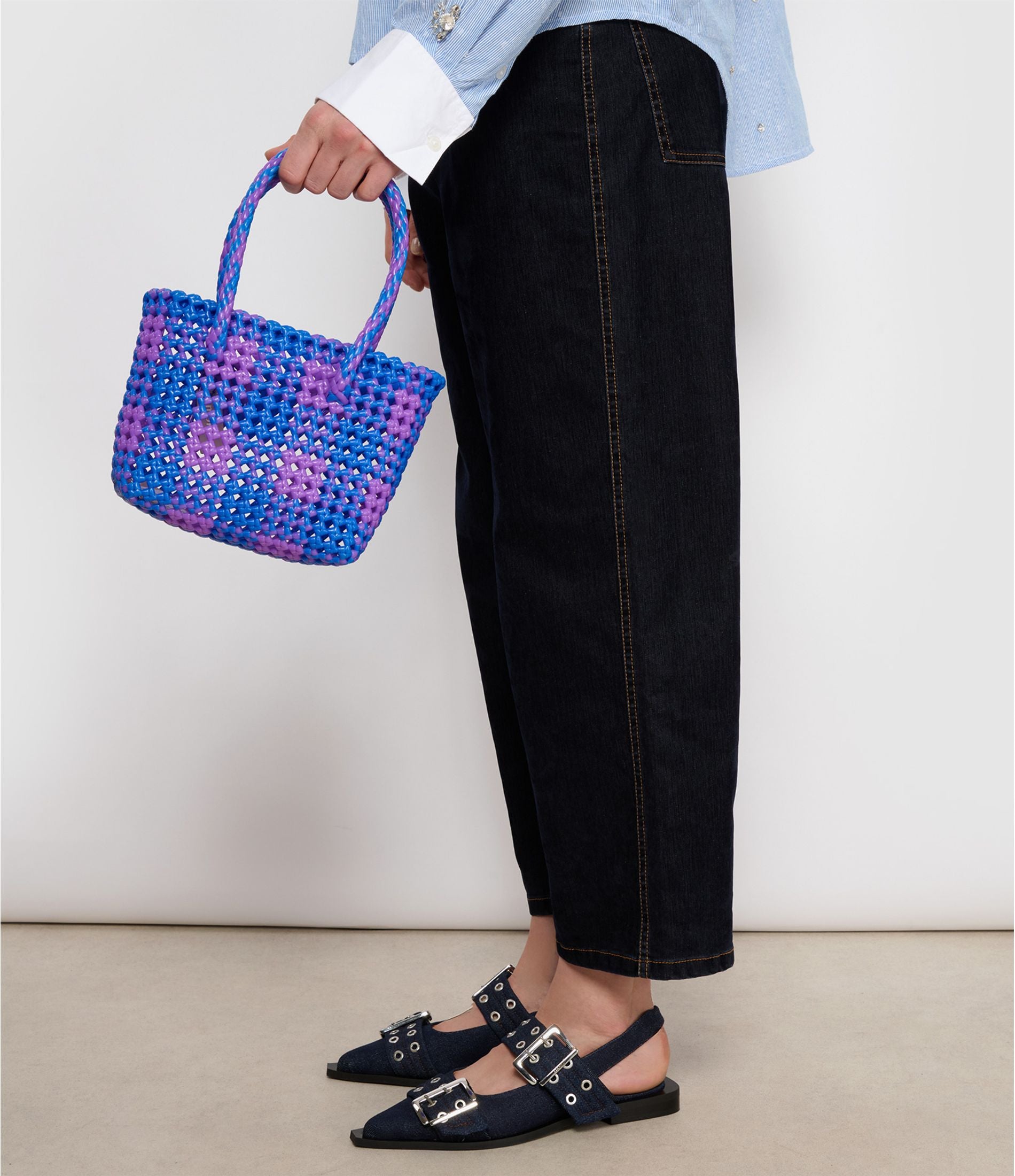 N°5XS - SAC PANIER TRESSÉ MAIN - MINI - bleu foncé & violet