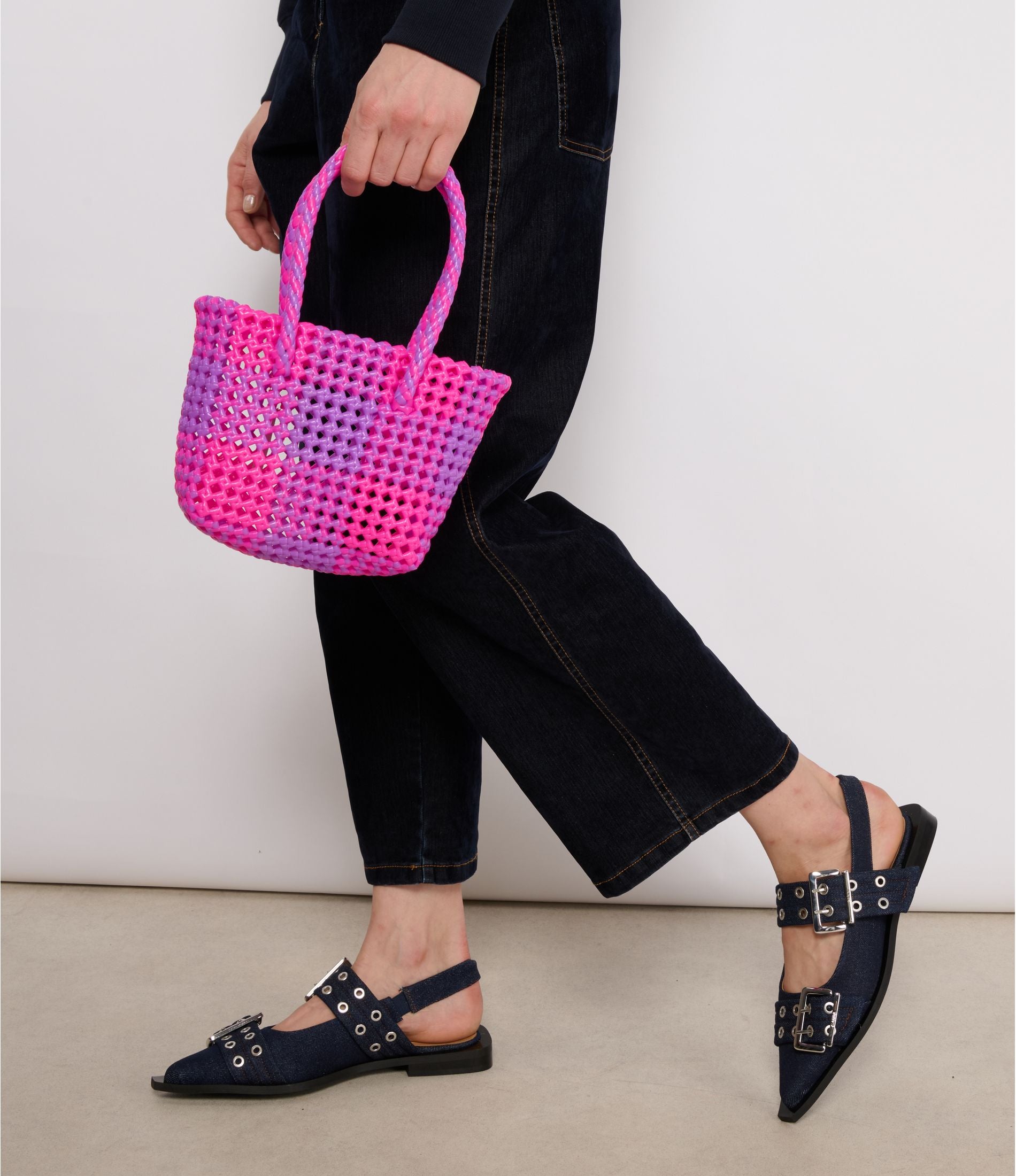 N°88XS - SAC PANIER TRESSÉ MAIN - MINI - violet & rose fluo